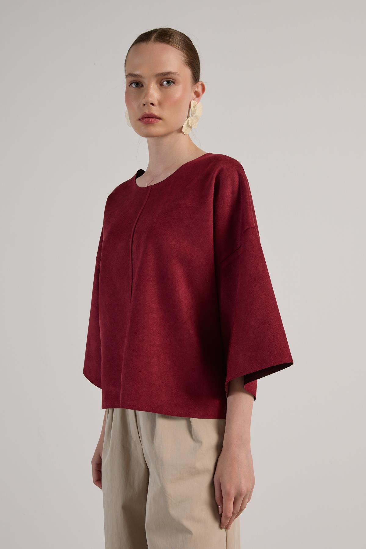 Kadın Bordo Dalgıç Süet Parçalı Bluz 30038