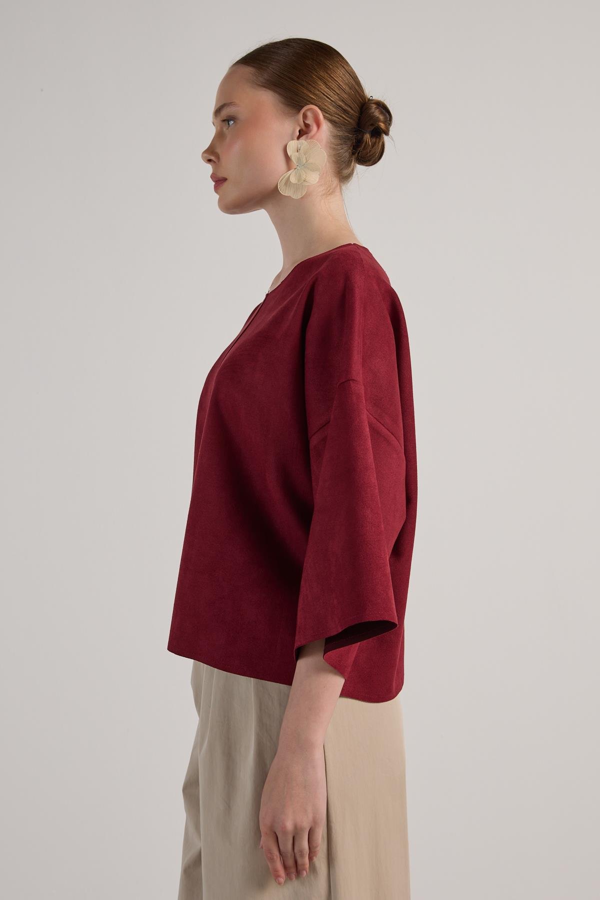 Kadın Bordo Dalgıç Süet Parçalı Bluz 30038