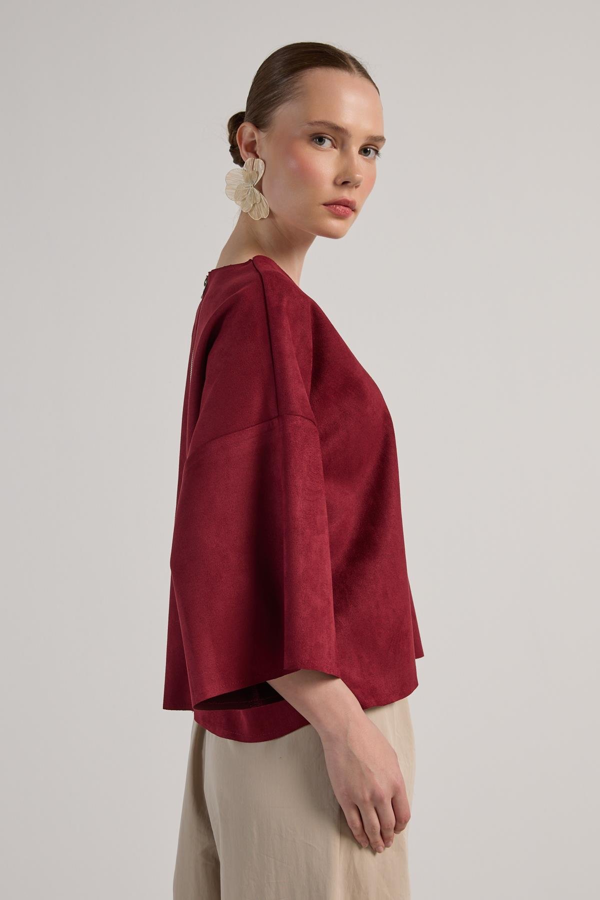 Kadın Bordo Dalgıç Süet Parçalı Bluz 30038