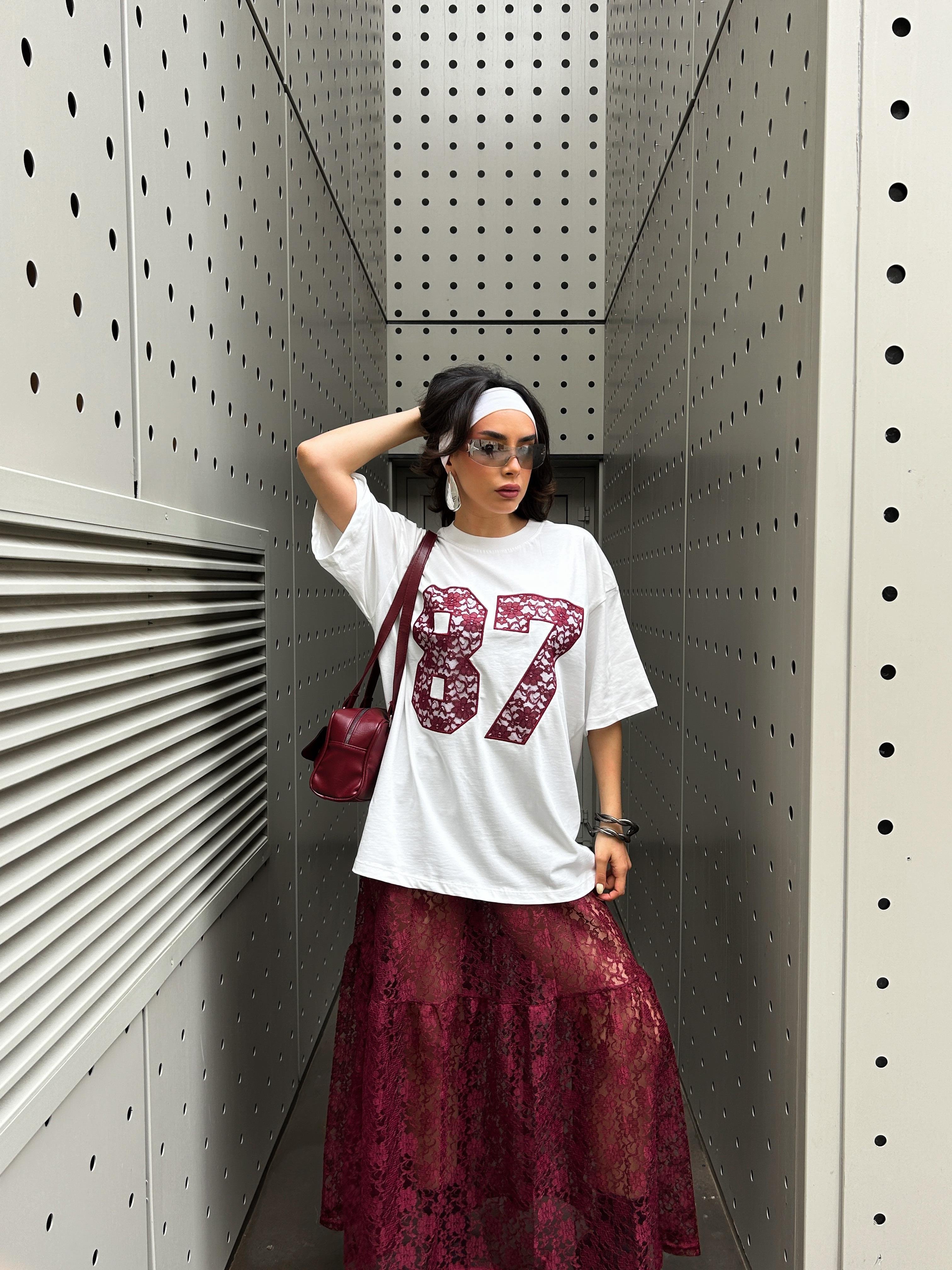 Kadın Bordo Dantel Nakışlı Oversize T-shirt 29055