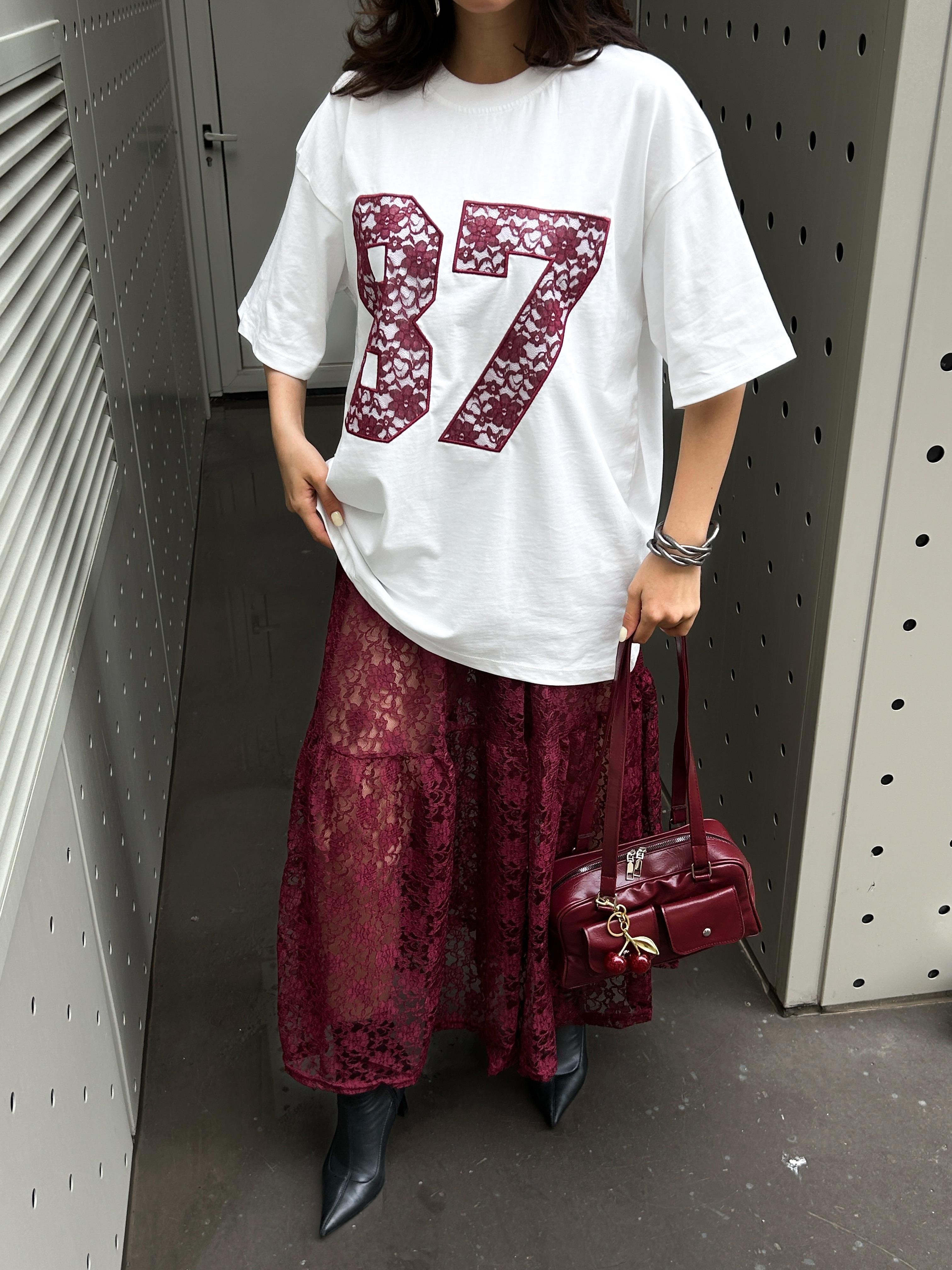 Kadın Bordo Dantel Nakışlı Oversize T-shirt 29055