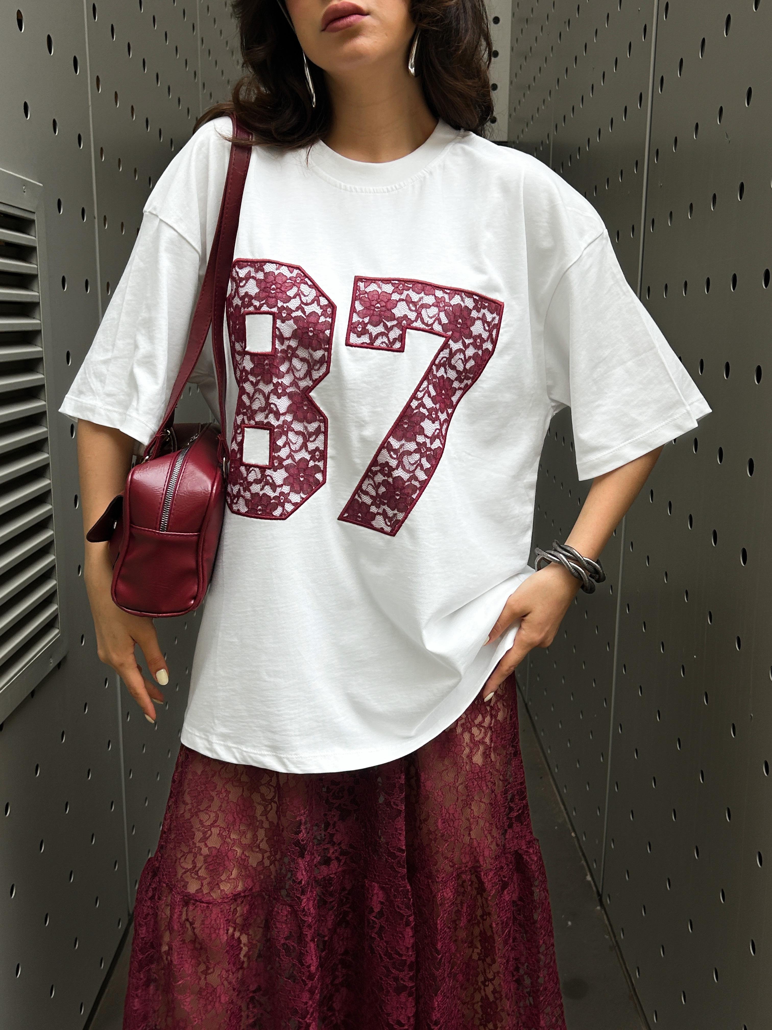 Kadın Bordo Dantel Nakışlı Oversize T-shirt 29055