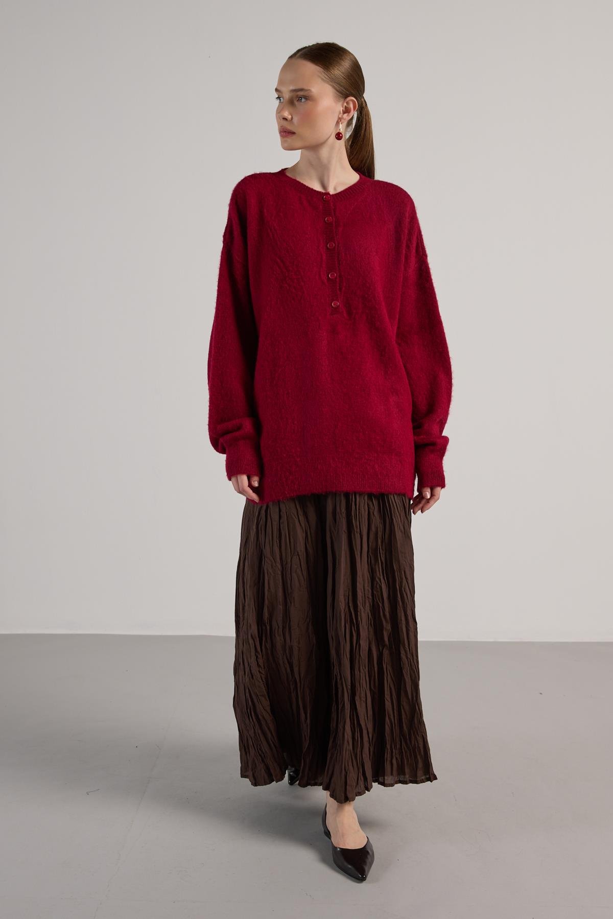 Kadın Bordo Düğme Detaylı Oversize Yumoş Kazak 30031