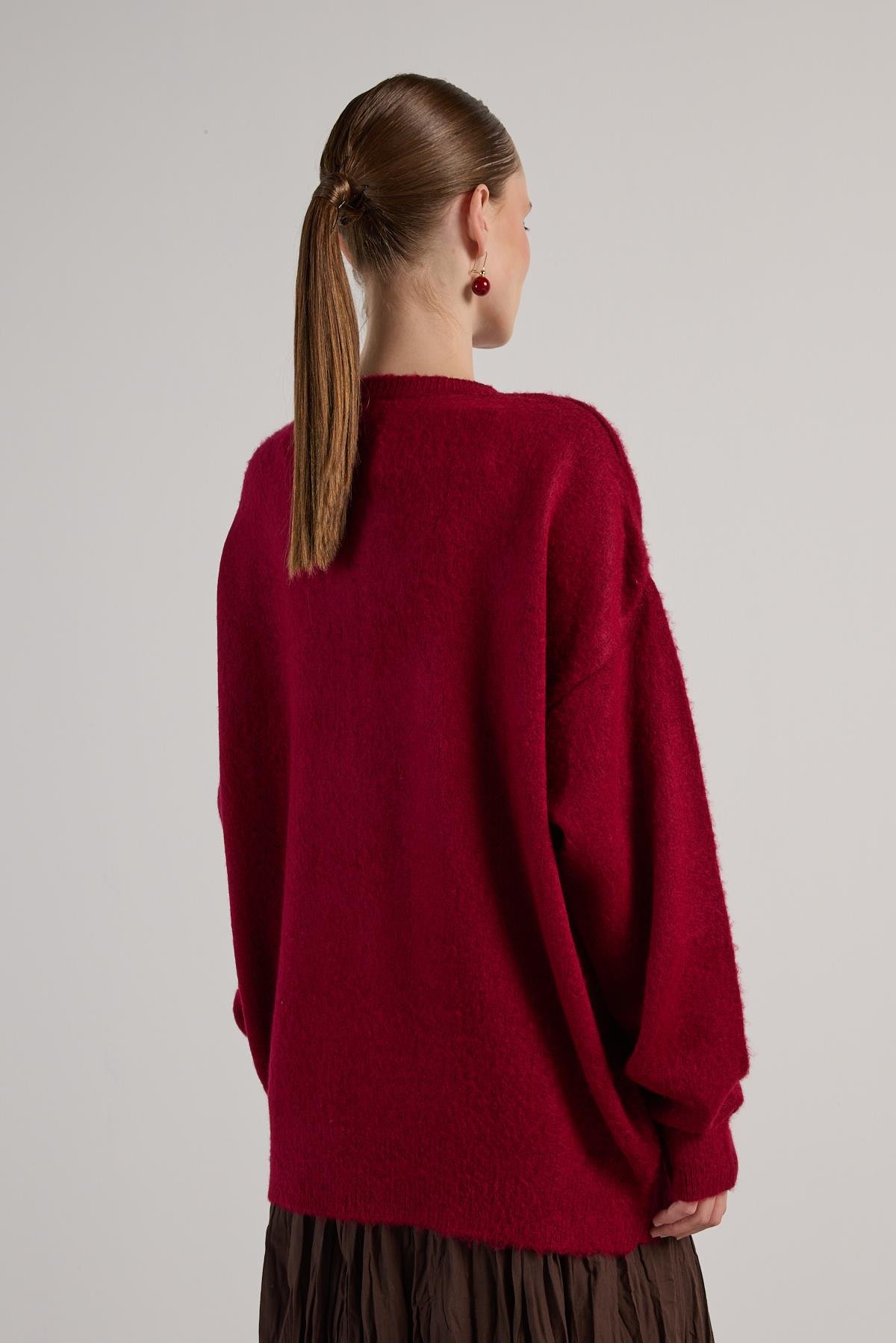 Kadın Bordo Düğme Detaylı Oversize Yumoş Kazak 30031