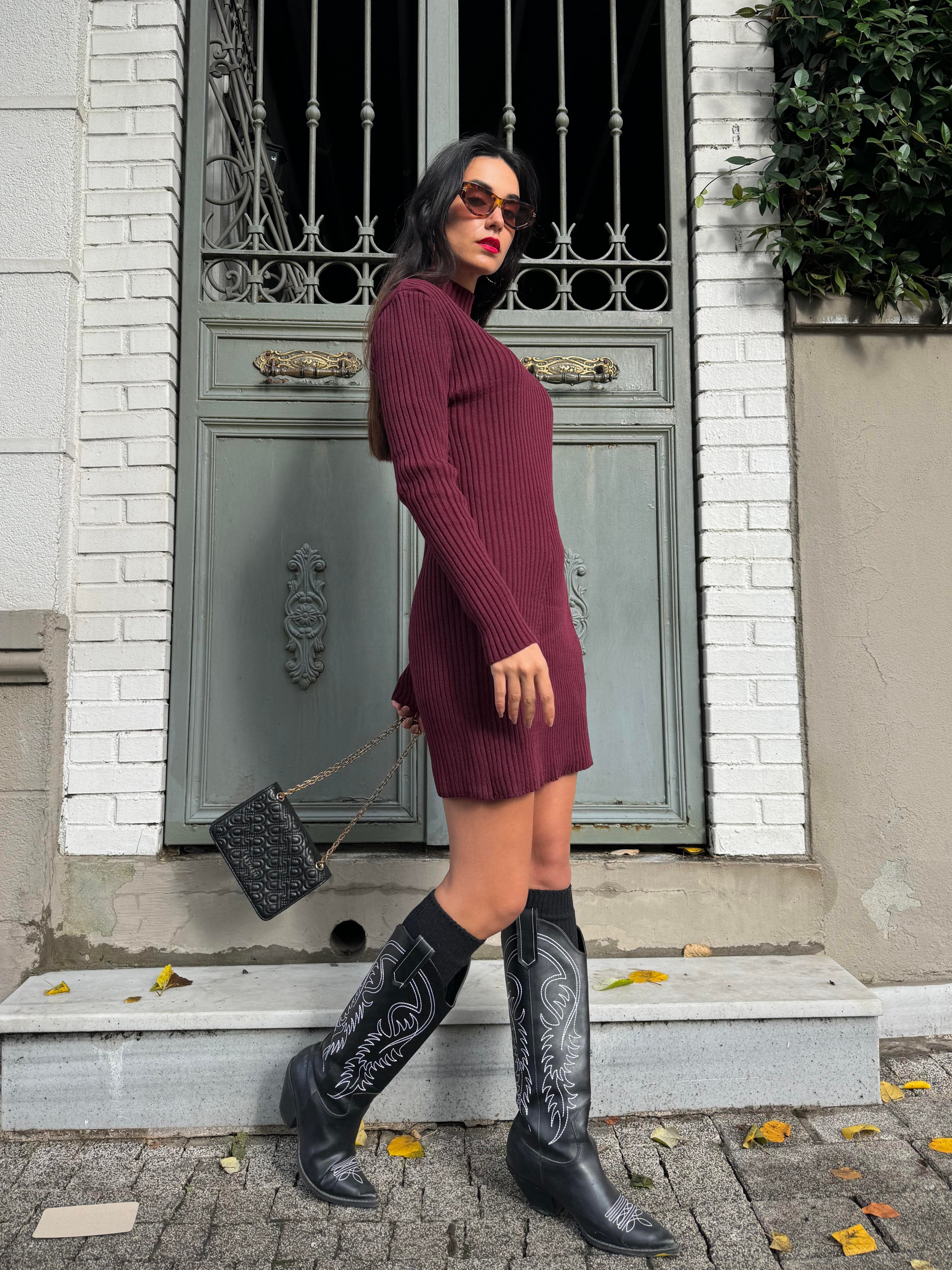 Kadın Bordo Fitilli Kışlık Mini Triko Elbise 28337