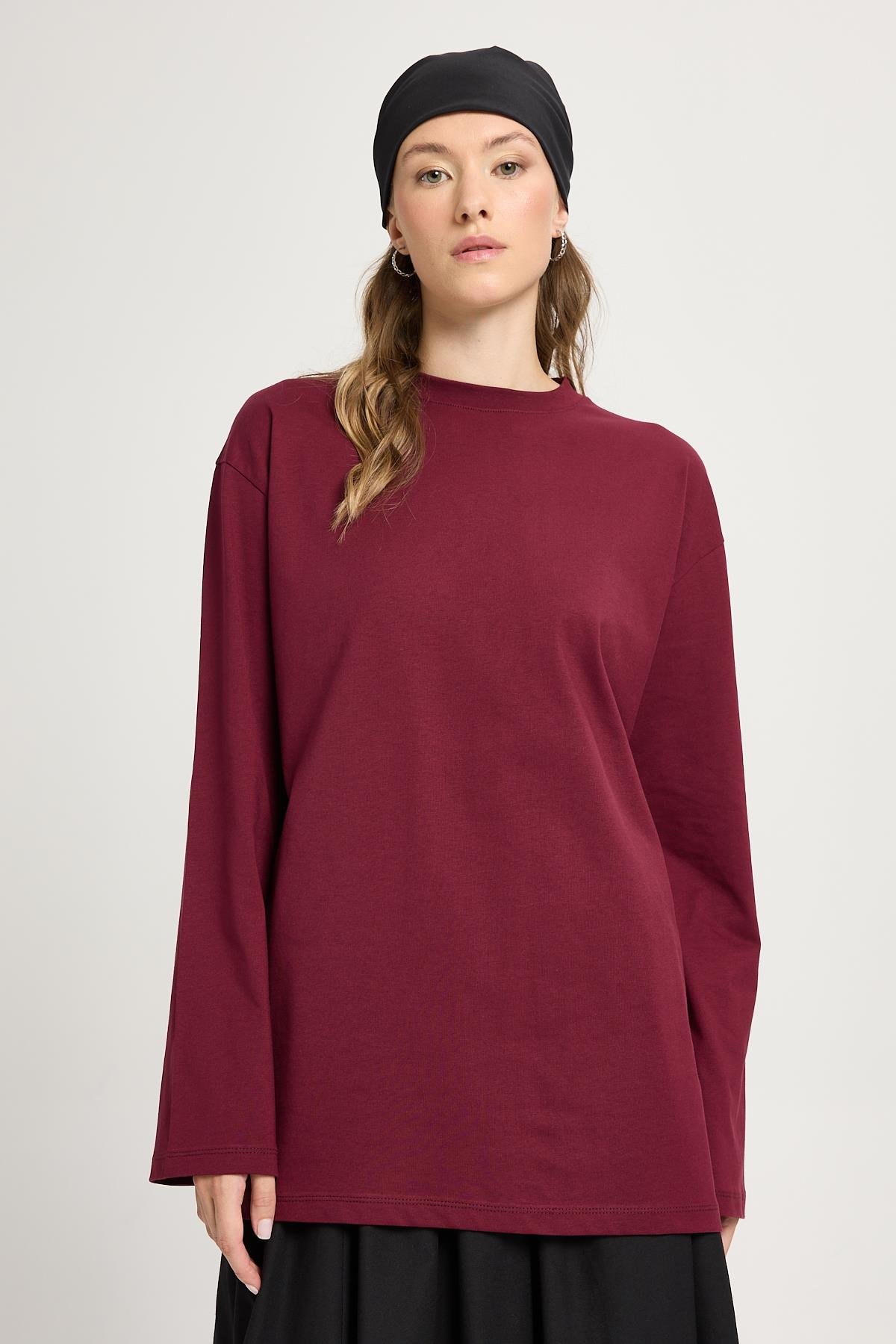 Kadın Bordo Geniş Kol Oversize Basic T-shirt