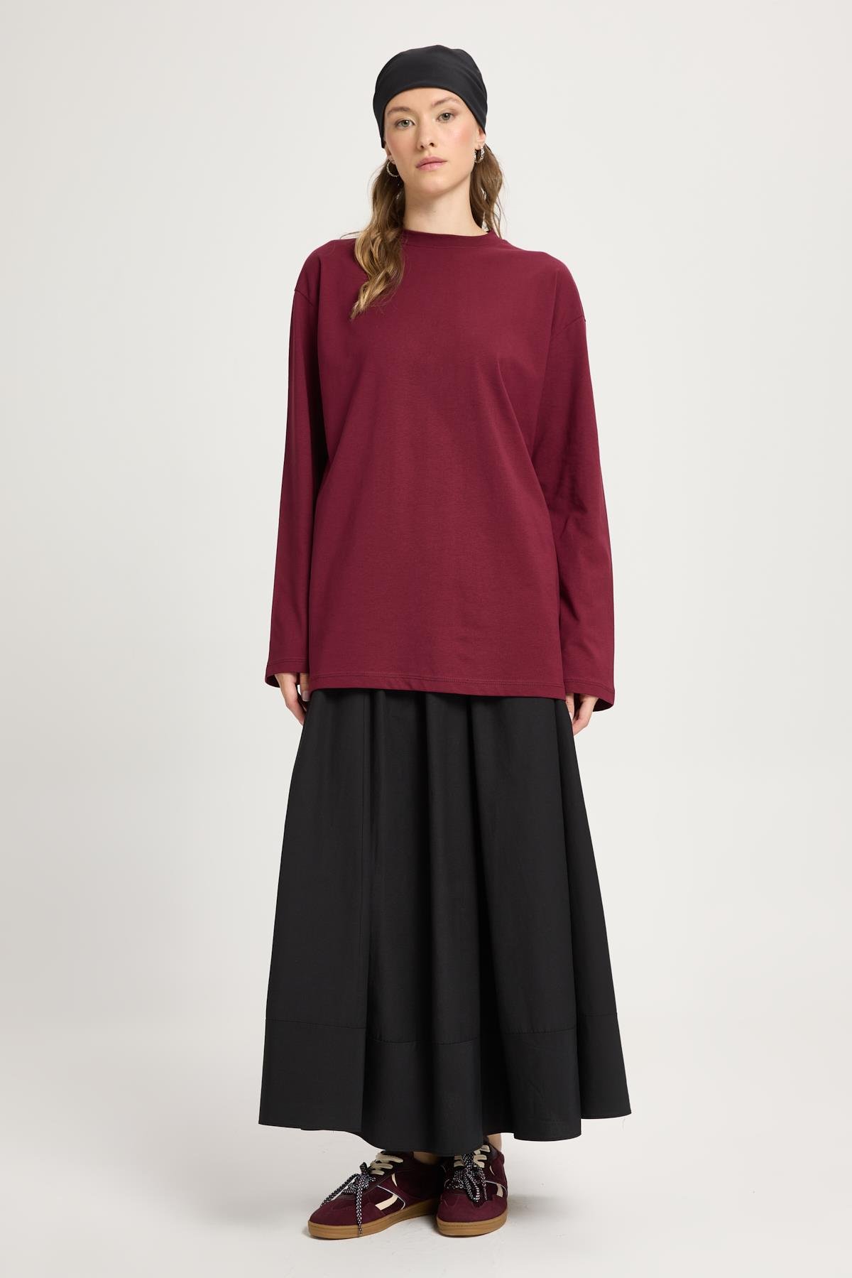 Kadın Bordo Geniş Kol Oversize Basic T-shirt