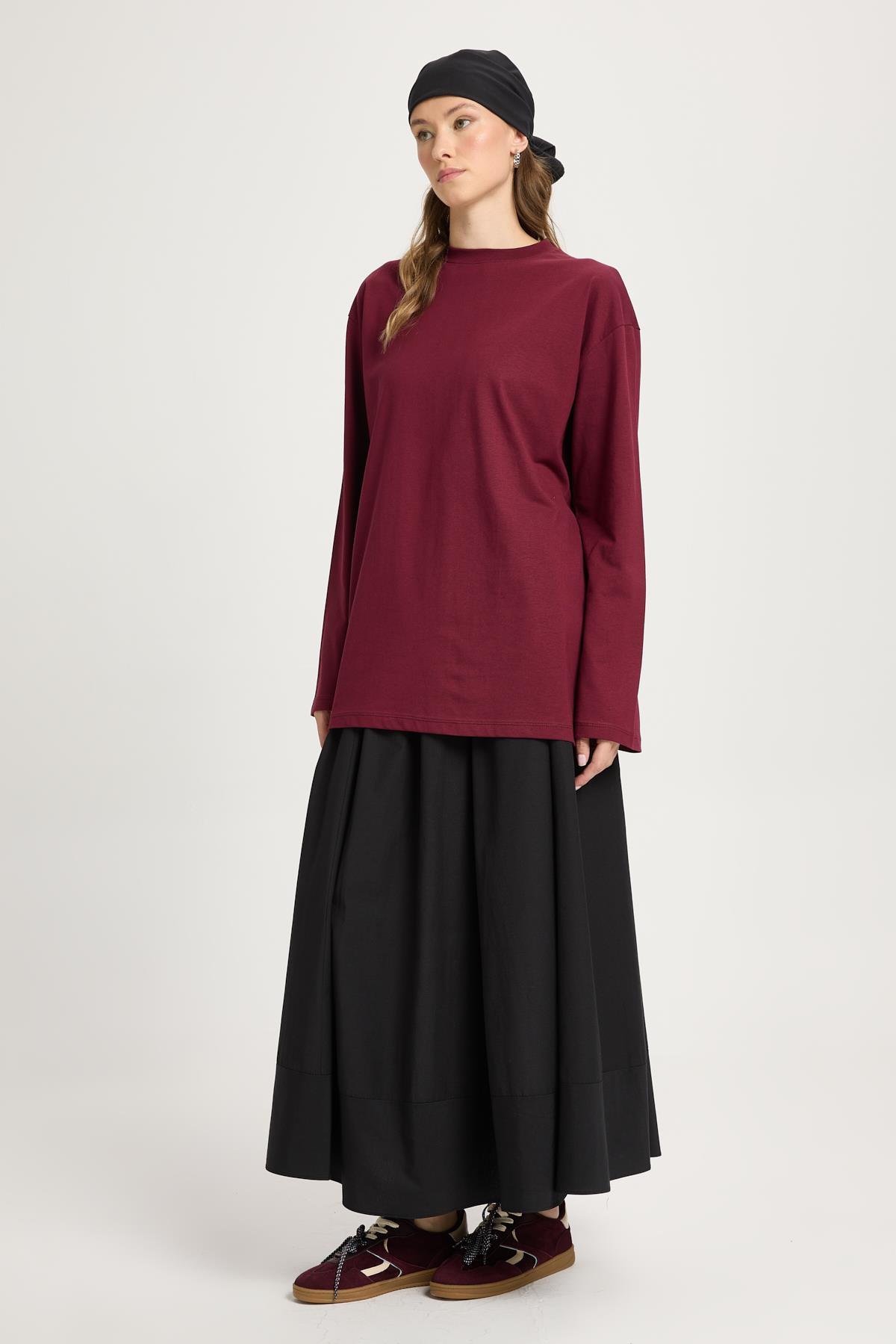Kadın Bordo Geniş Kol Oversize Basic T-shirt