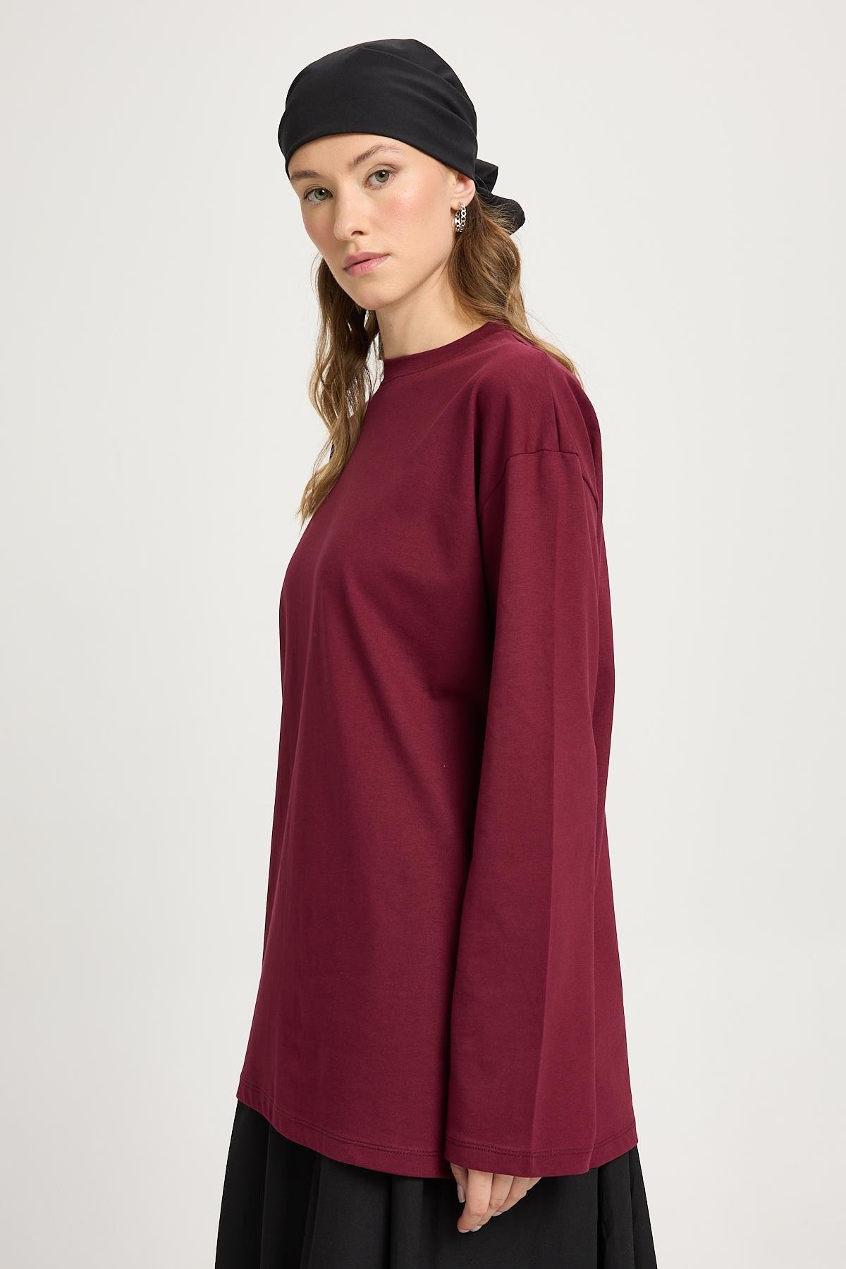 Kadın Bordo Geniş Kol Oversize Basic T-shirt