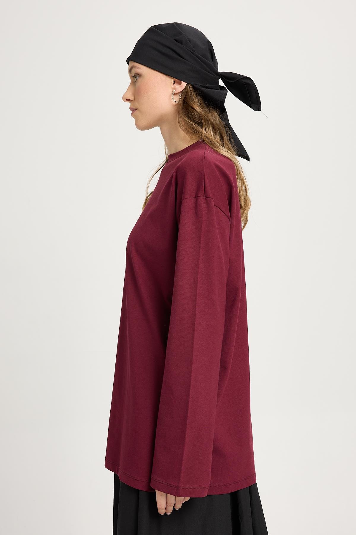 Kadın Bordo Geniş Kol Oversize Basic T-shirt