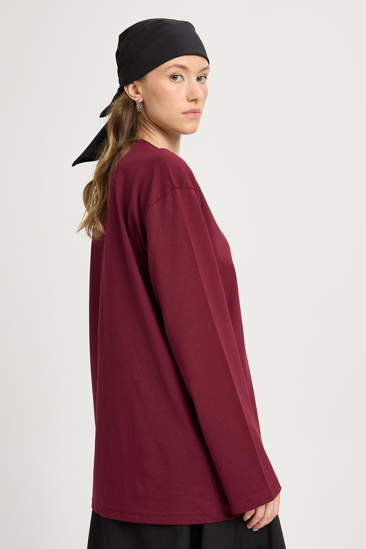 Kadın Bordo Geniş Kol Oversize Basic T-shirt