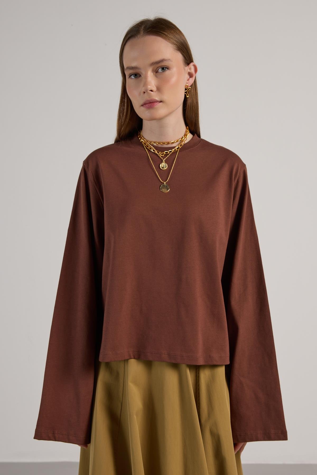 Kadın Bordo Geniş Kol Oversize Kısa Basic T-shirt 30059