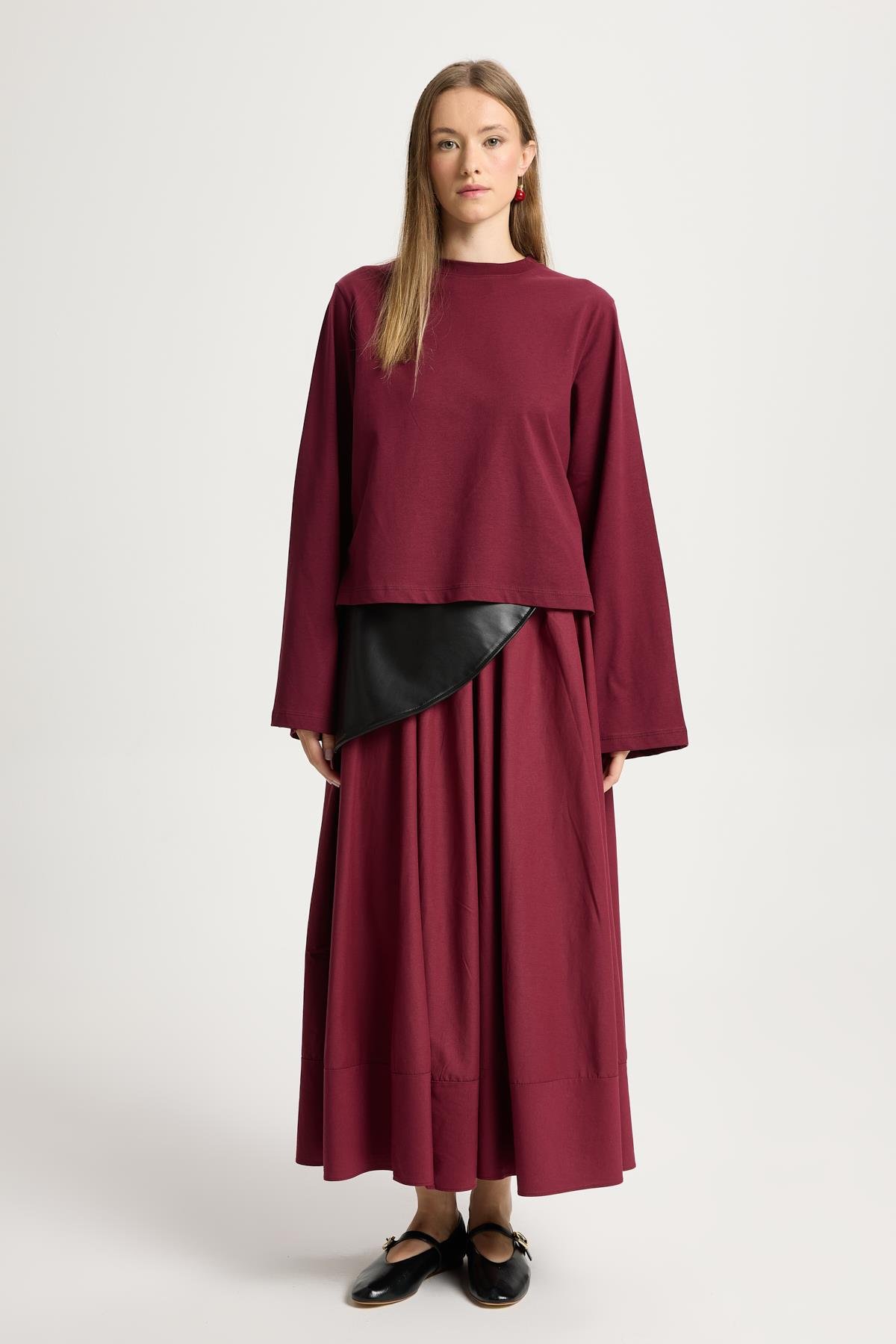 Kadın Bordo Geniş Kol Oversize Kısa Basic T-shirt 30026