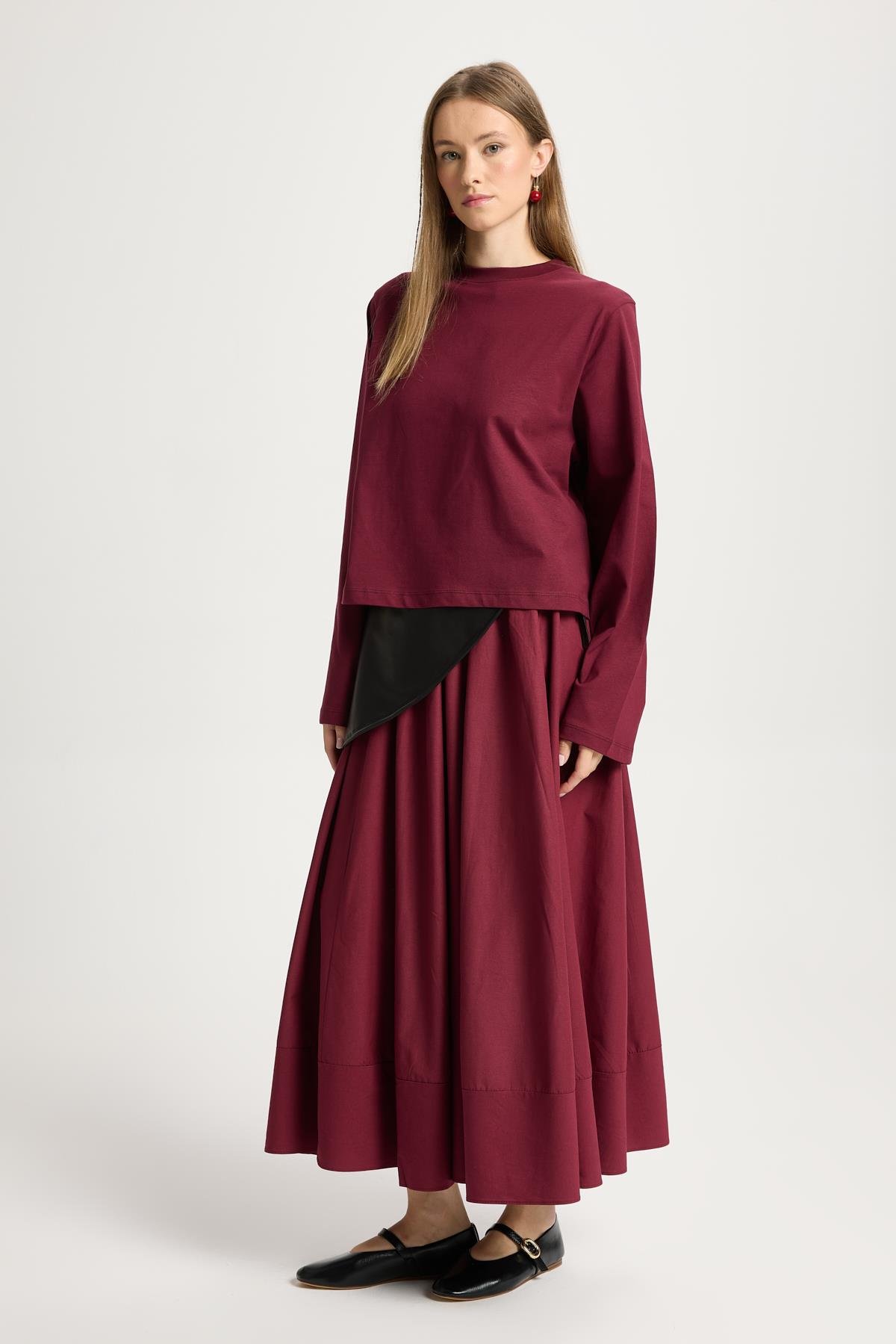 Kadın Bordo Geniş Kol Oversize Kısa Basic T-shirt 30026