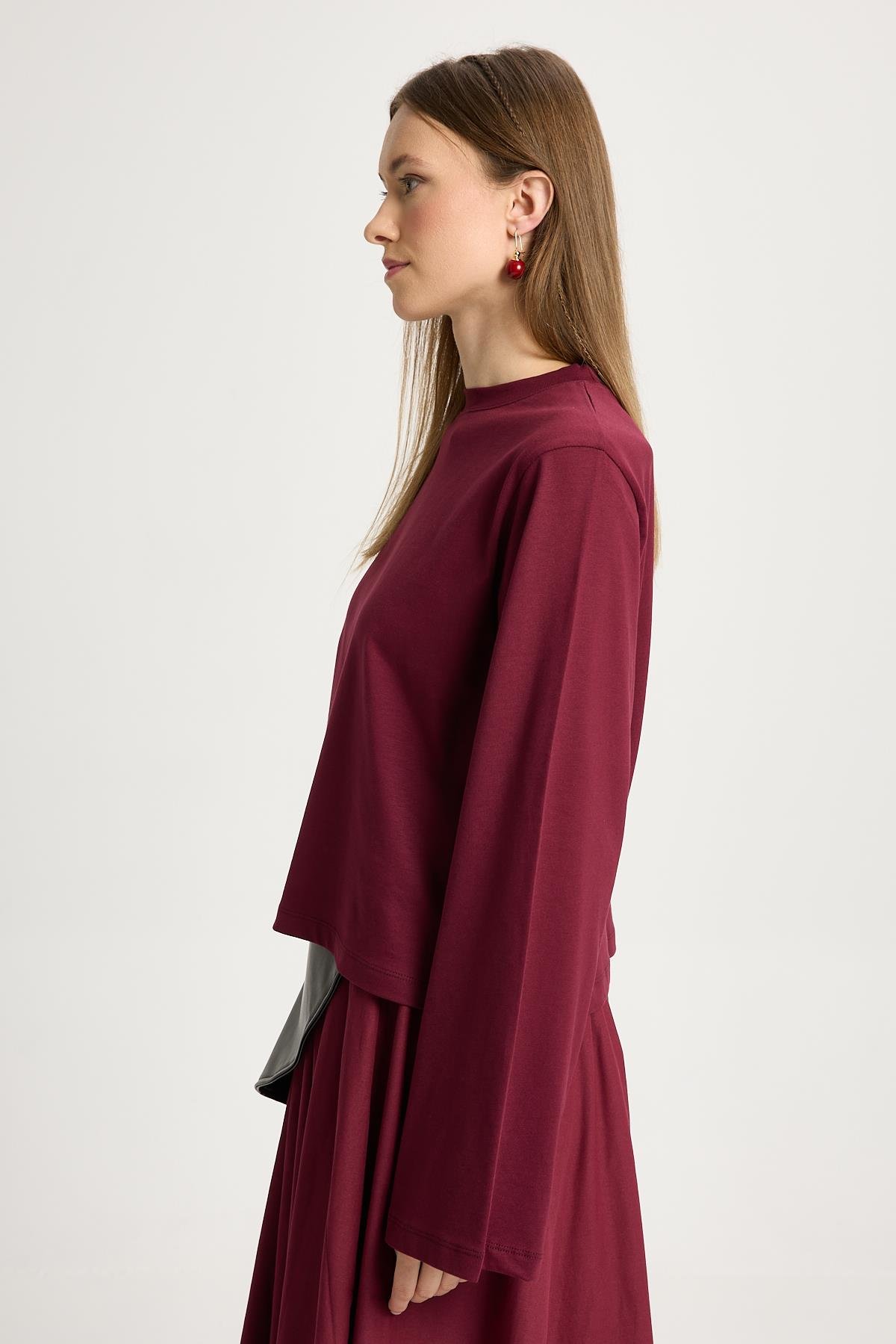 Kadın Bordo Geniş Kol Oversize Kısa Basic T-shirt 30026