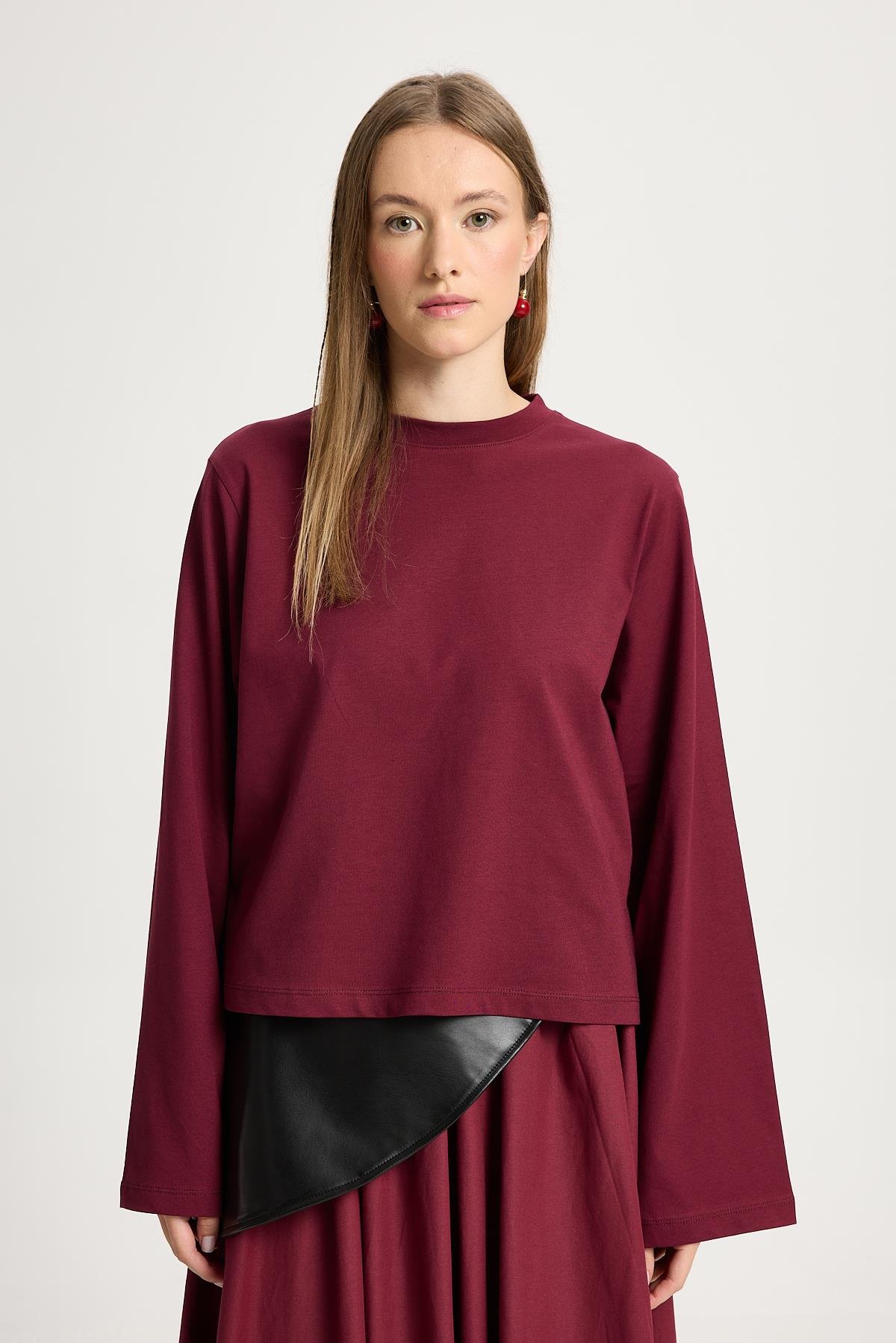 Kadın Bordo Geniş Kol Oversize Kısa Basic T-shirt 30026