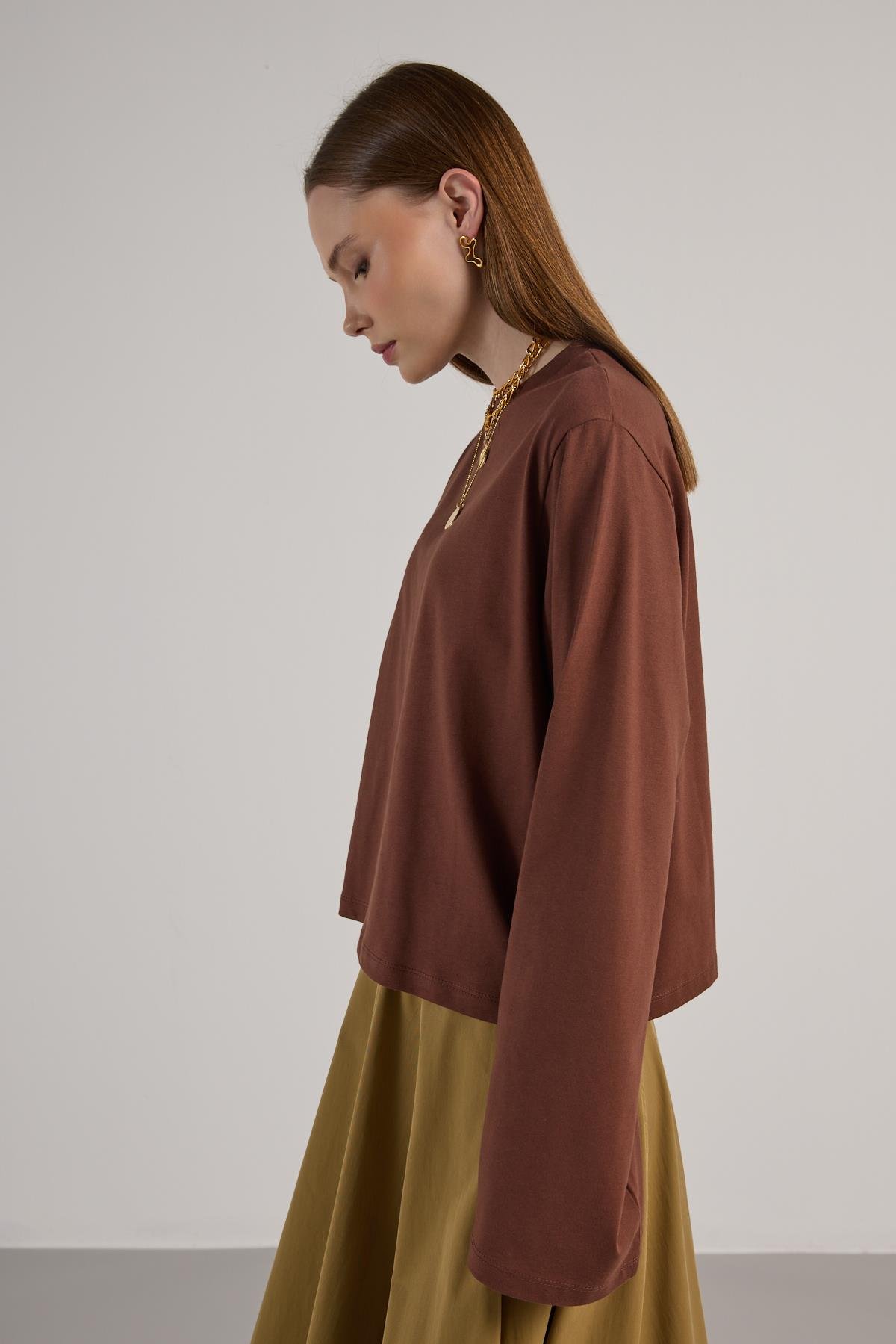 Kadın Bordo Geniş Kol Oversize Kısa Basic T-shirt 30059