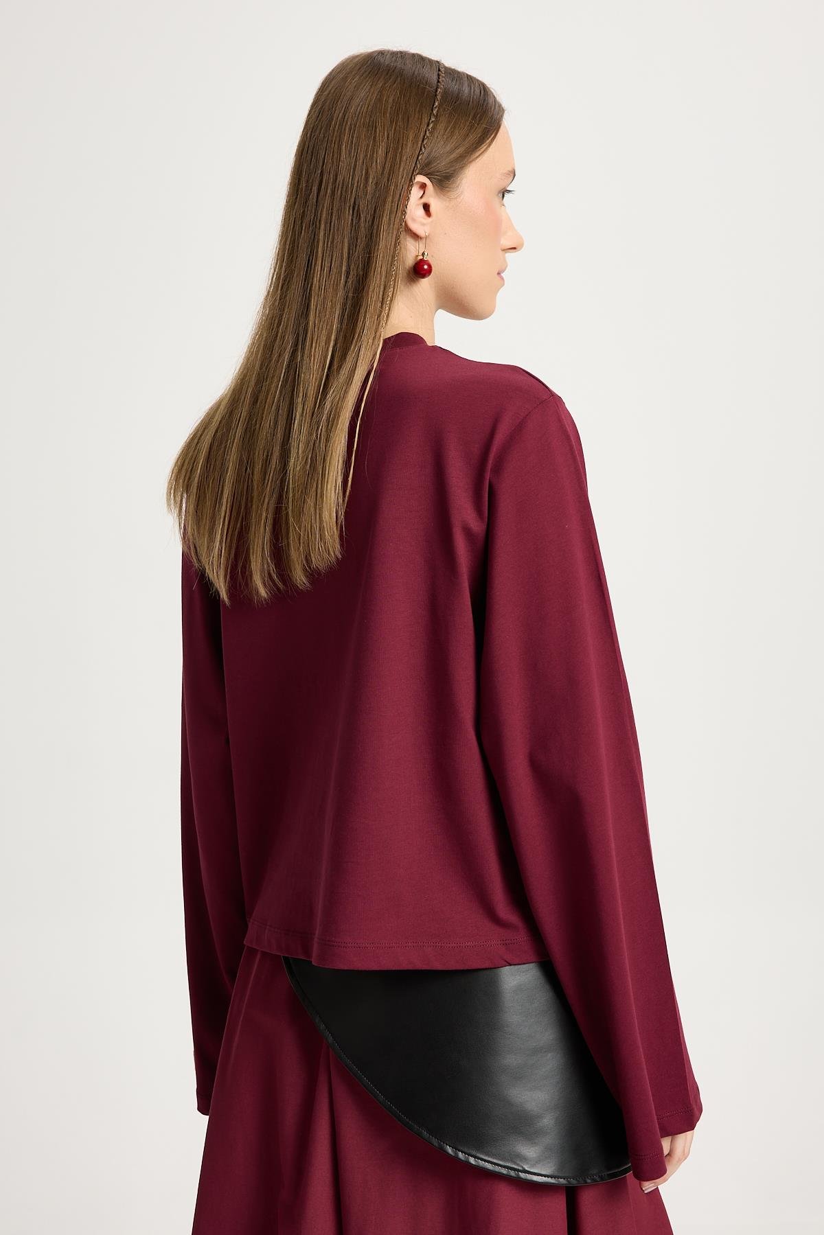 Kadın Bordo Geniş Kol Oversize Kısa Basic T-shirt 30026