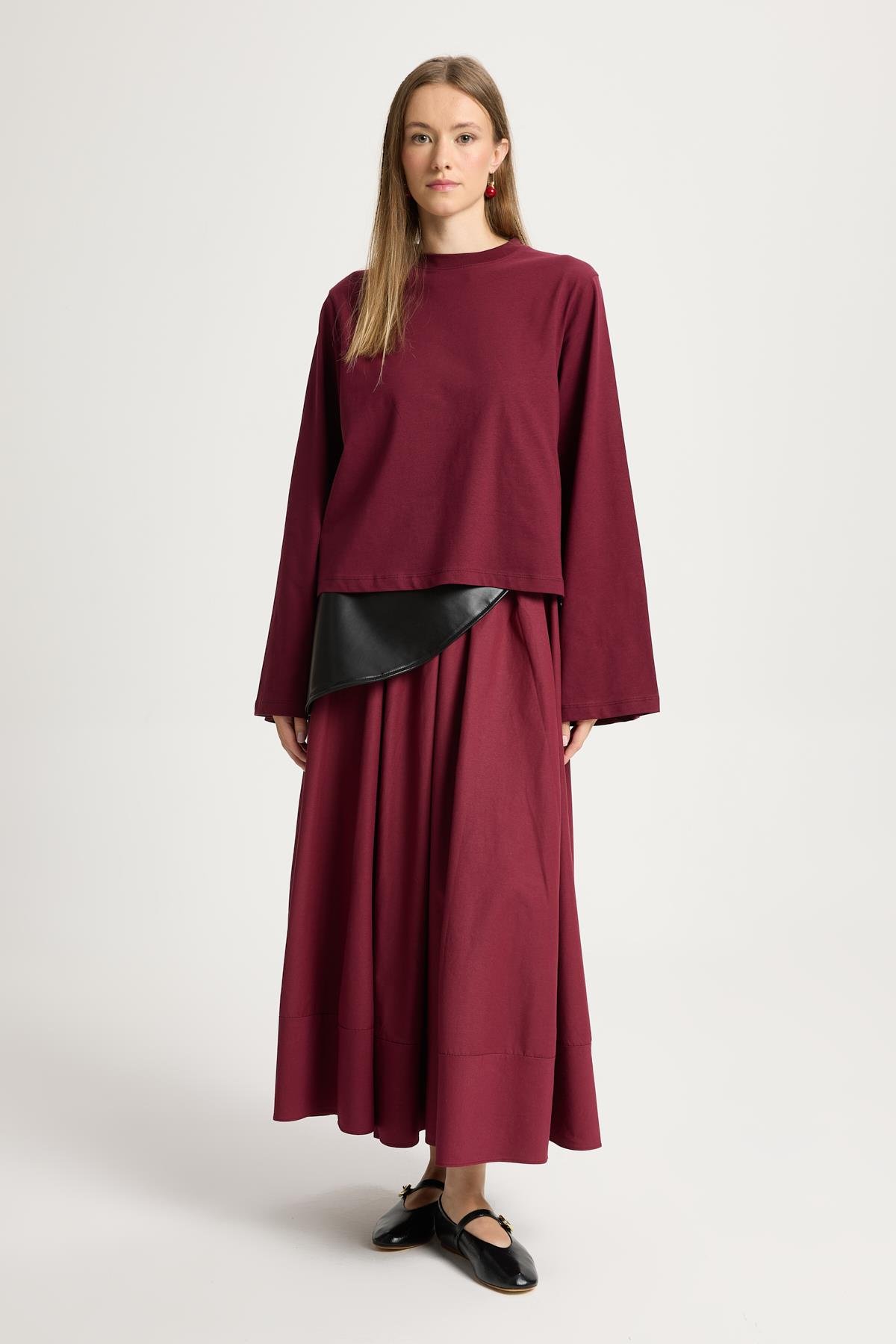 Kadın Bordo Geniş Kol Oversize Kısa Basic T-shirt 30026