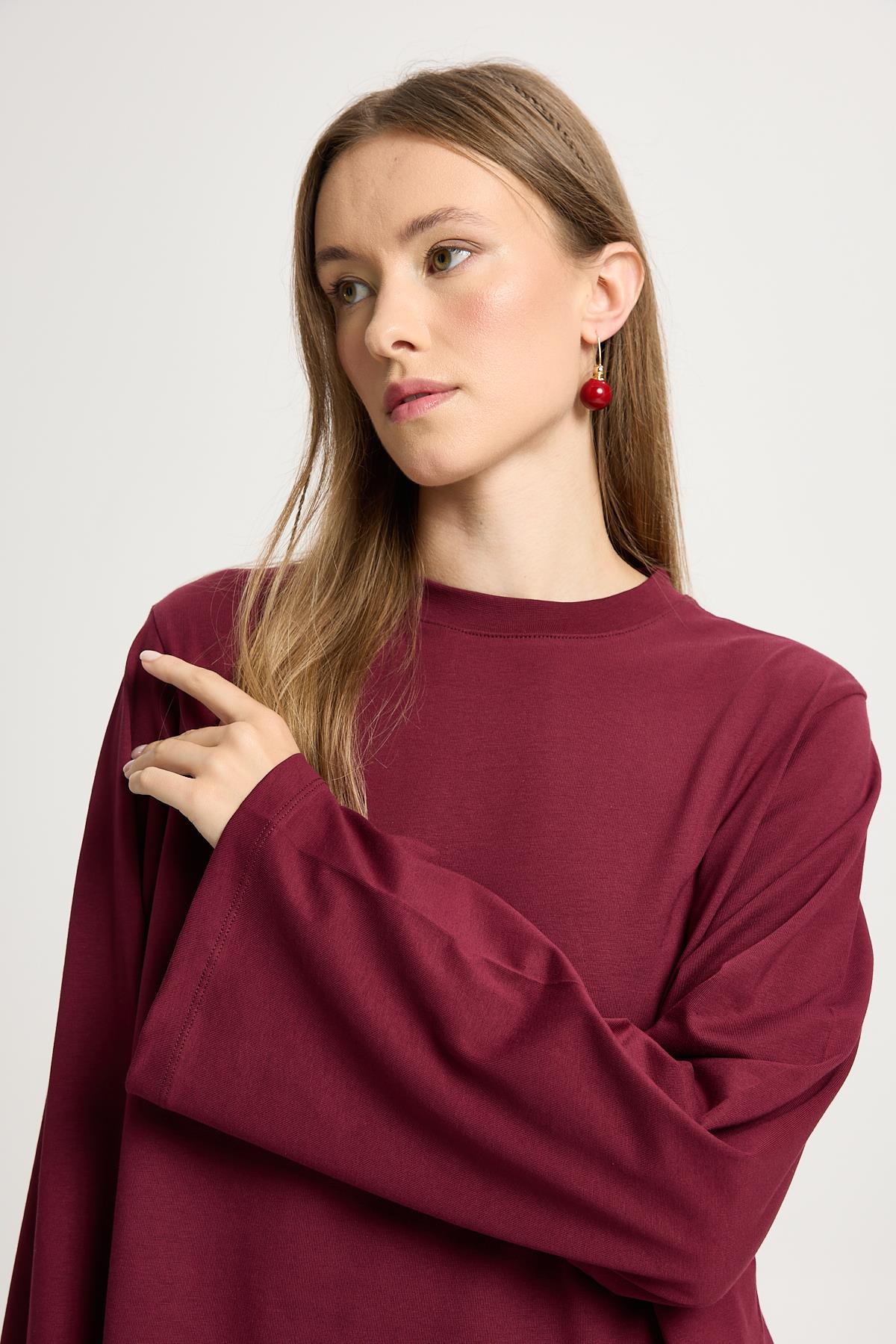 Kadın Bordo Geniş Kol Oversize Kısa Basic T-shirt 30026