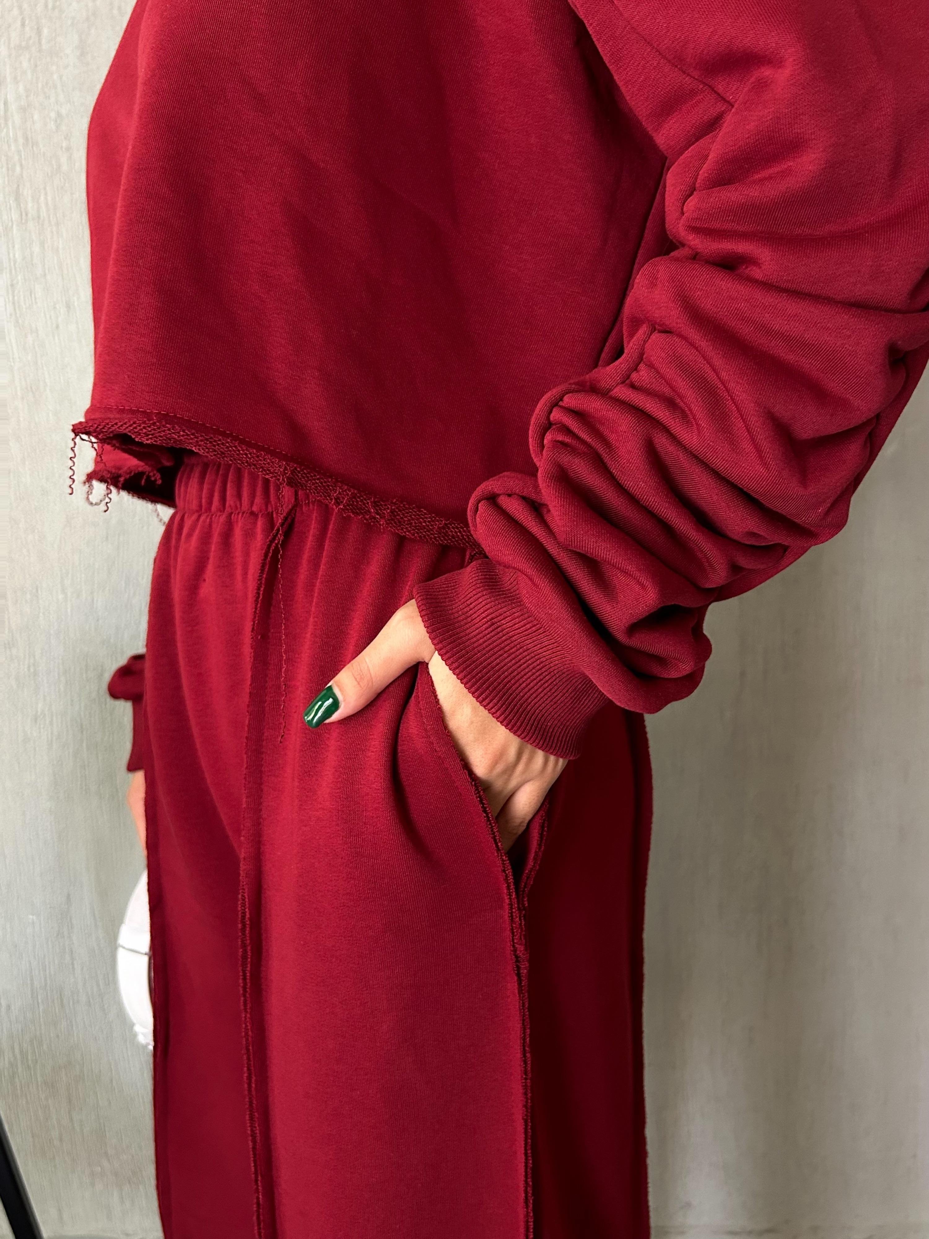 Kadın Bordo Kolları Büzgülü Pis Dikişli Şardonsuz Sweatshirt 28062