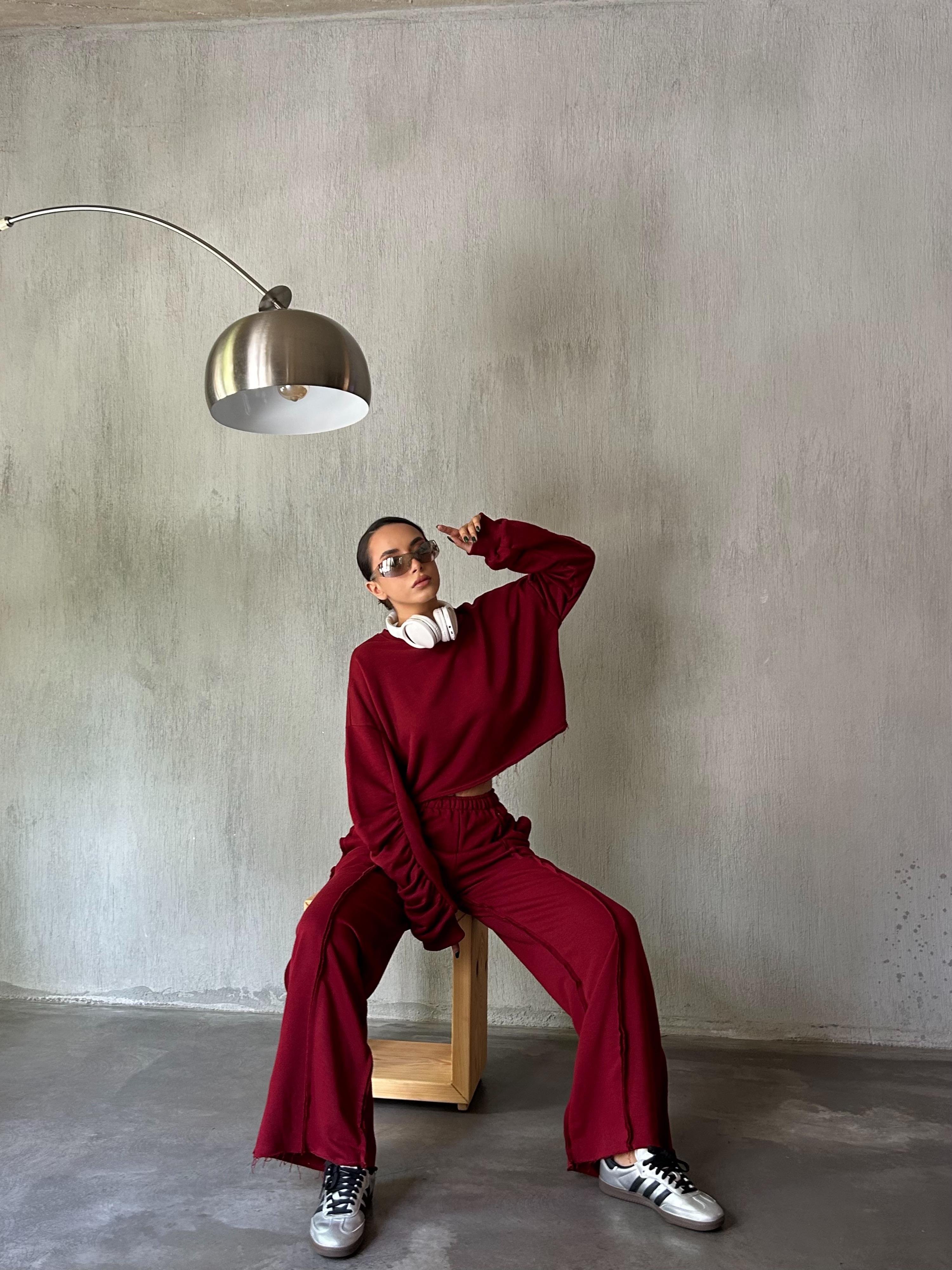 Kadın Bordo Kolları Büzgülü Pis Dikişli Şardonsuz Sweatshirt 28062