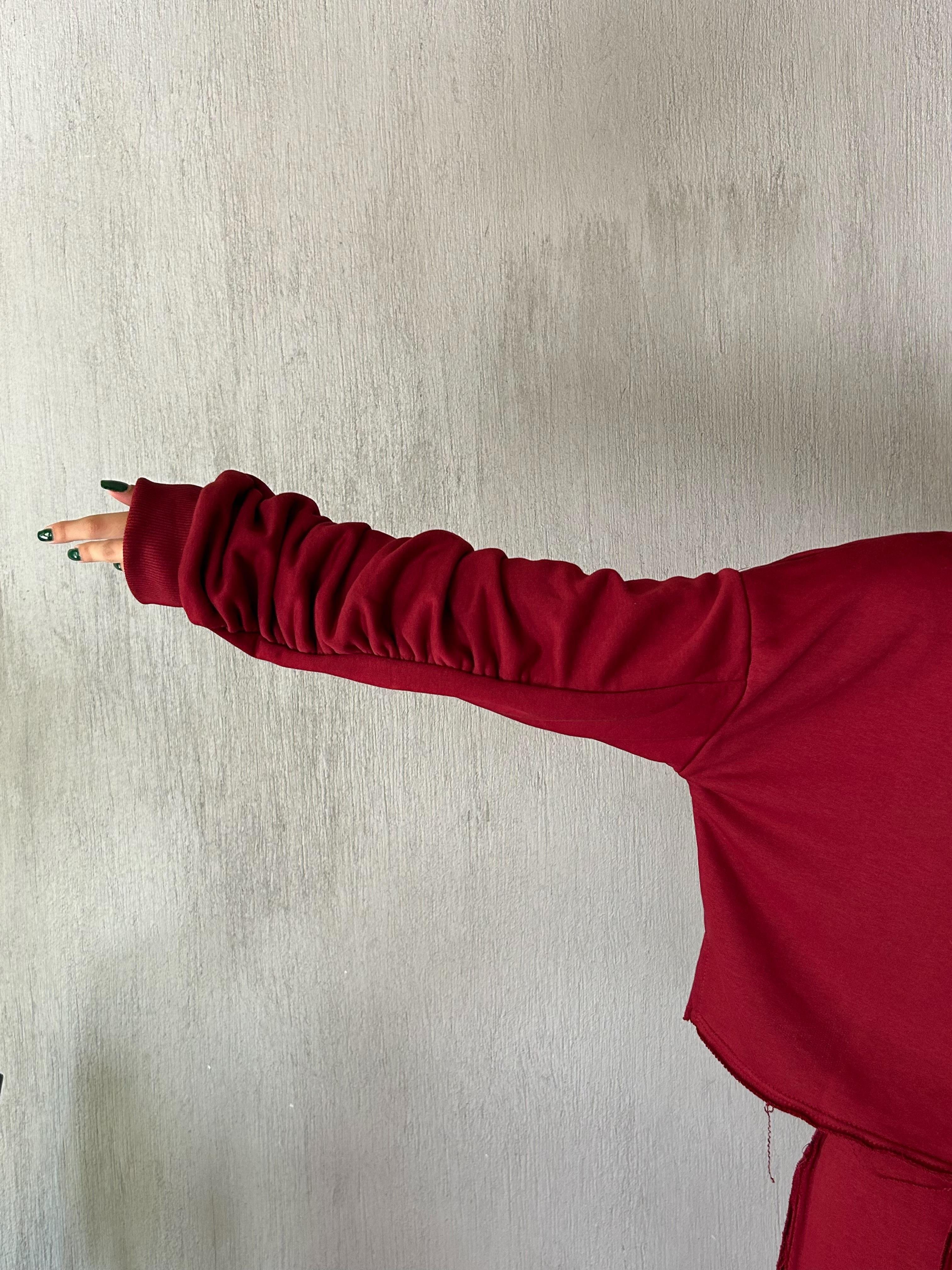 Kadın Bordo Kolları Büzgülü Pis Dikişli Şardonsuz Sweatshirt 28062