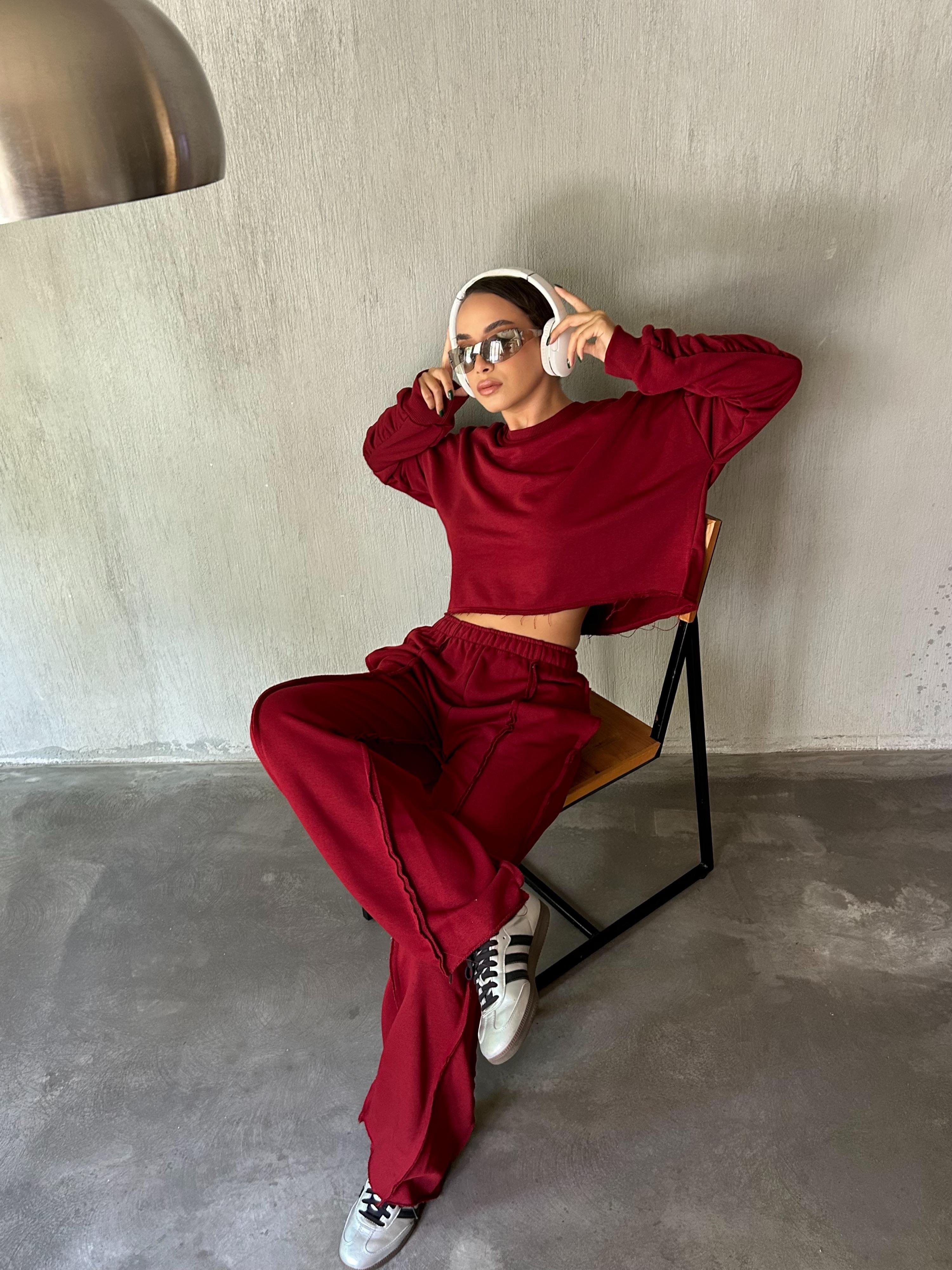 Kadın Bordo Kolları Büzgülü Pis Dikişli Şardonsuz Sweatshirt 28062