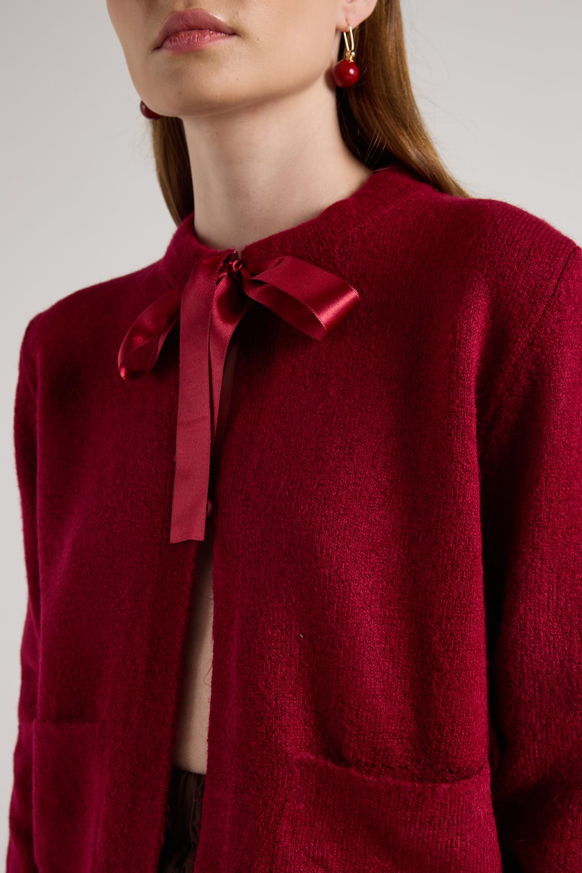 Kadın Bordo Kurdela Detaylı Kısa Tasarım Hırka 30034