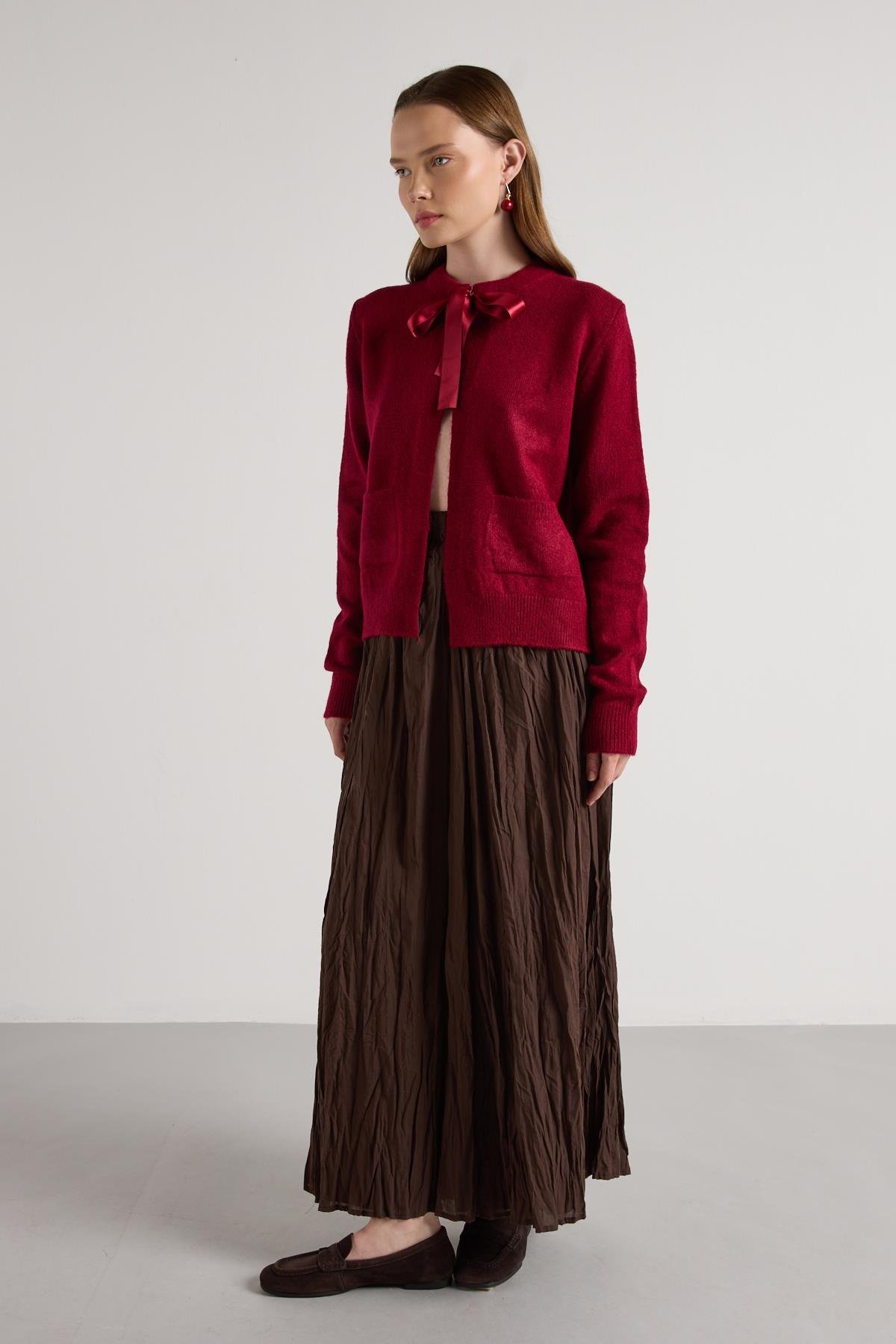 Kadın Bordo Kurdela Detaylı Kısa Tasarım Hırka 30034