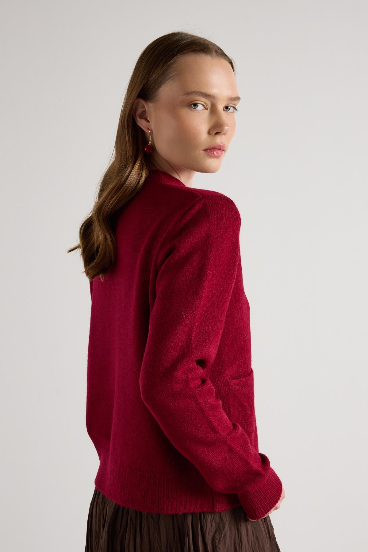 Kadın Bordo Kurdela Detaylı Kısa Tasarım Hırka 30034