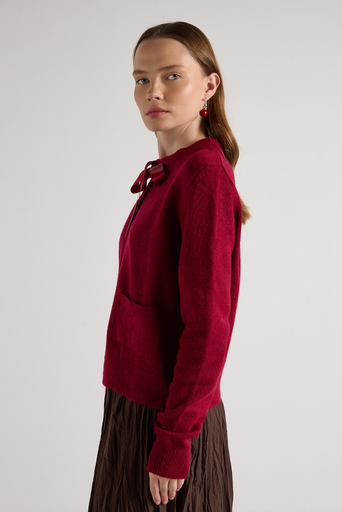 Kadın Bordo Kurdela Detaylı Kısa Tasarım Hırka 30034