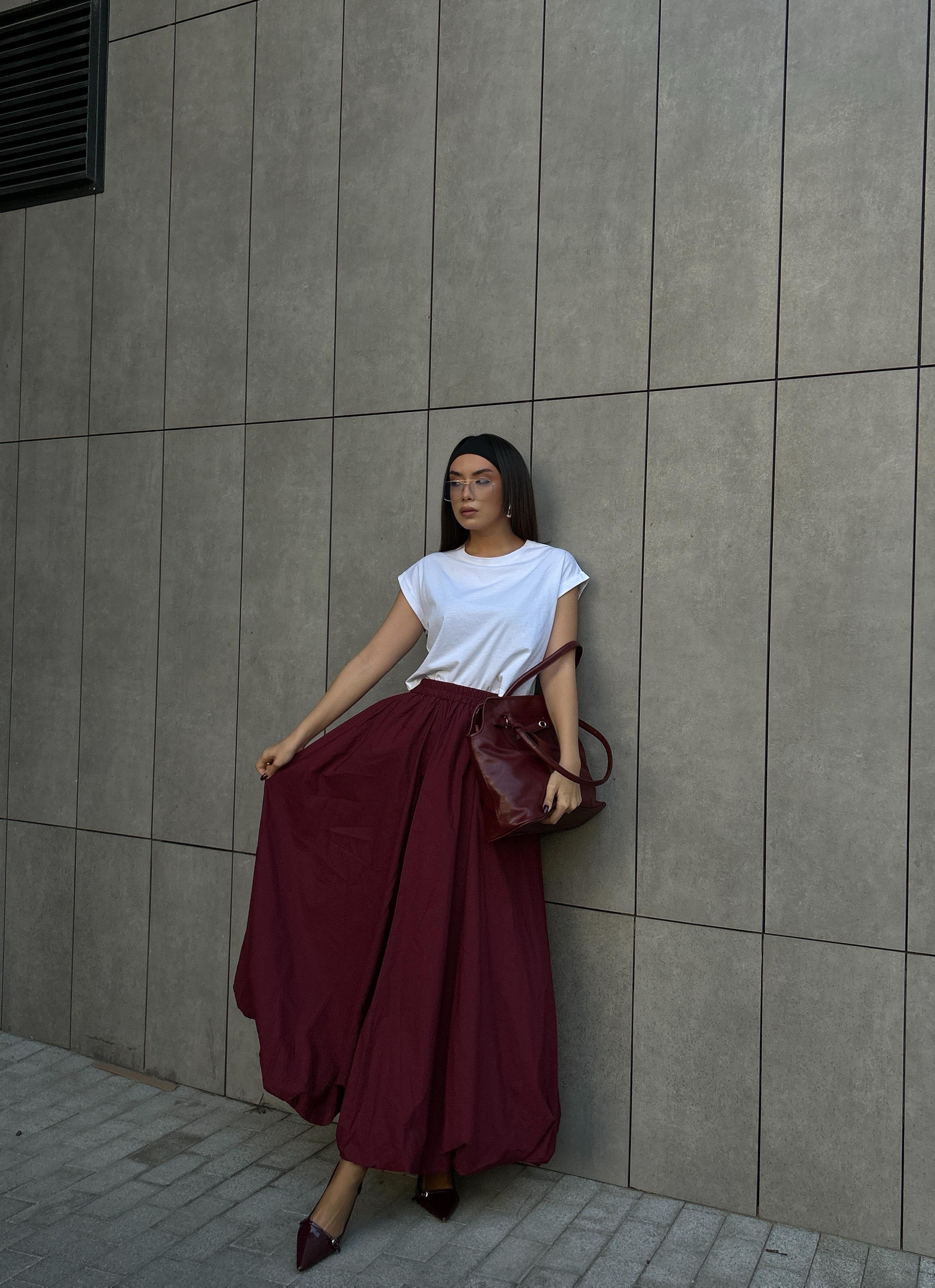 Kadın Bordo Lastikli Uzun Balon Etek 29004