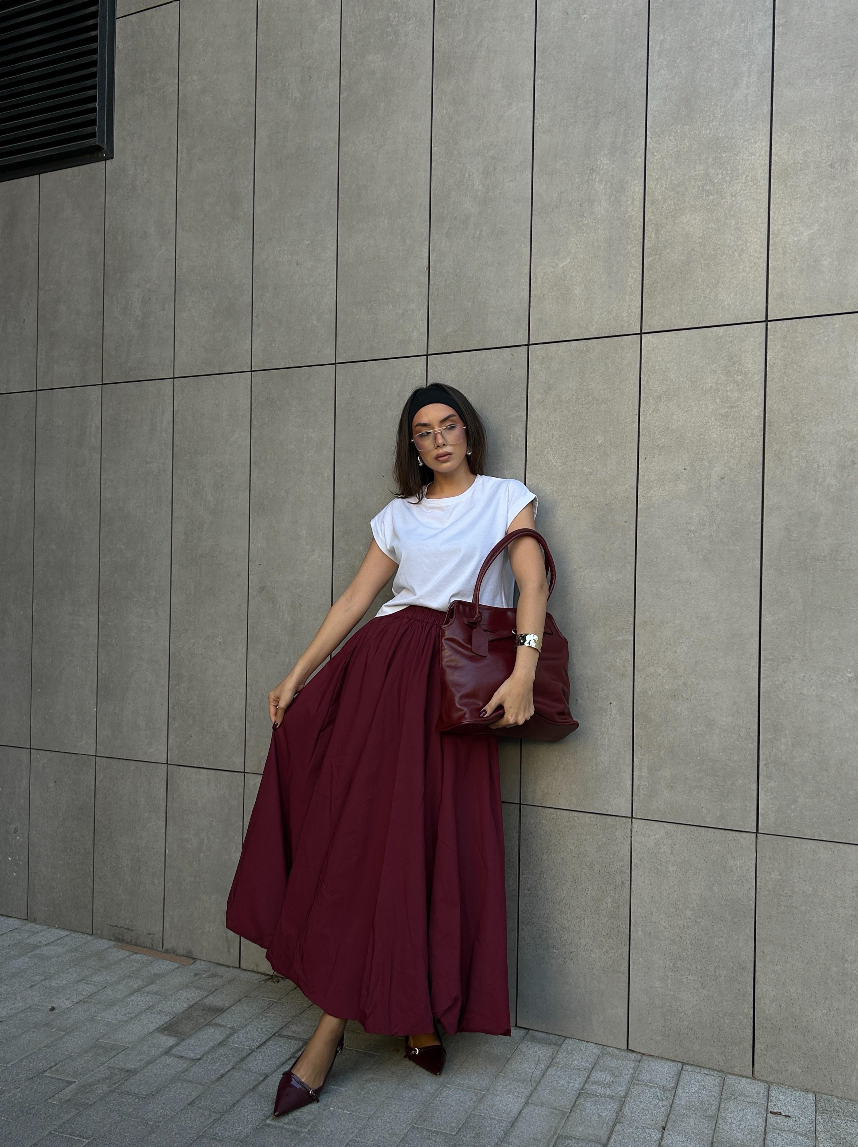 Kadın Bordo Lastikli Uzun Balon Etek 29004