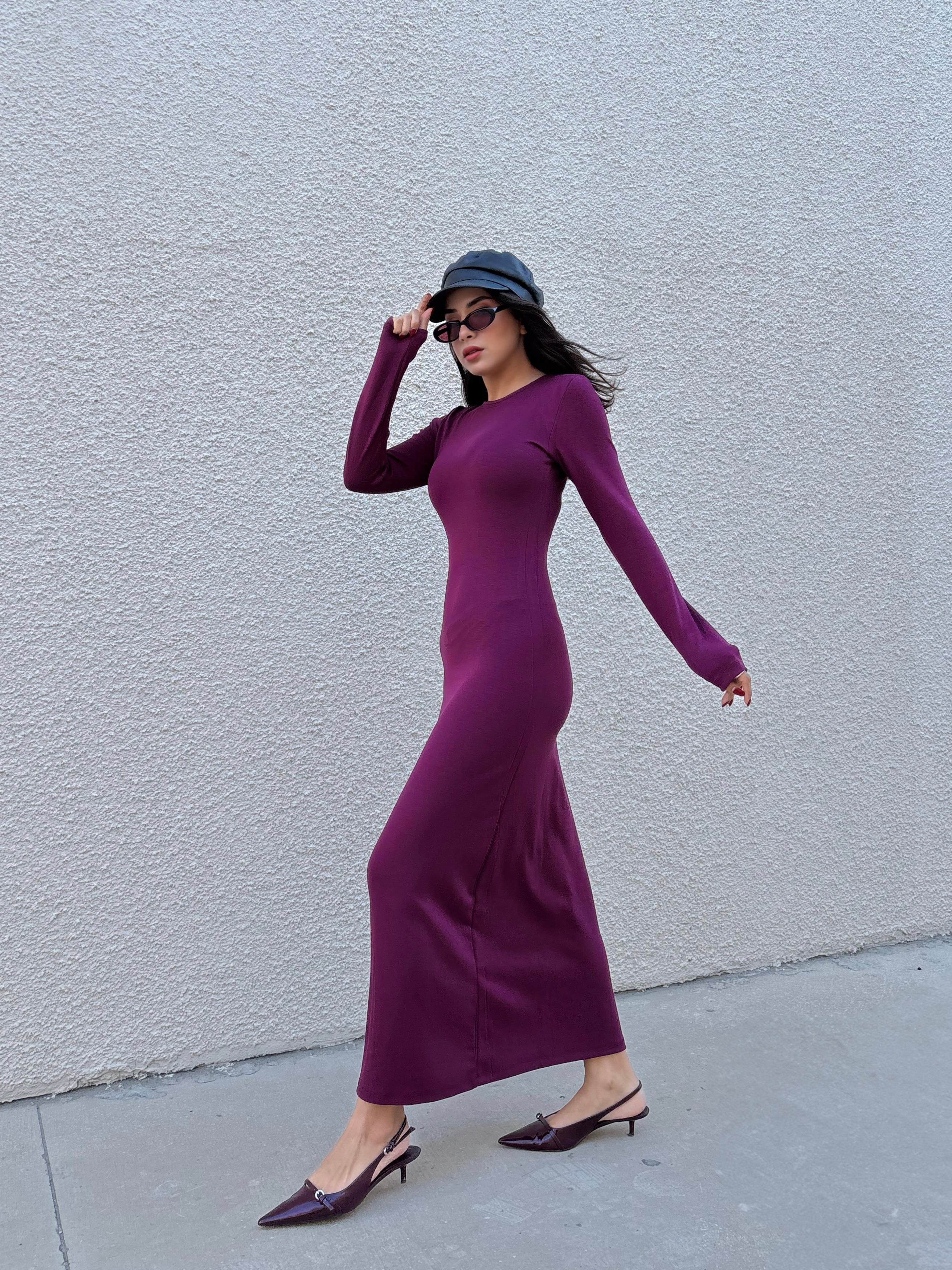 Kadın Bordo Modal Kumaş Dar kesim Uzun Elbise 30073