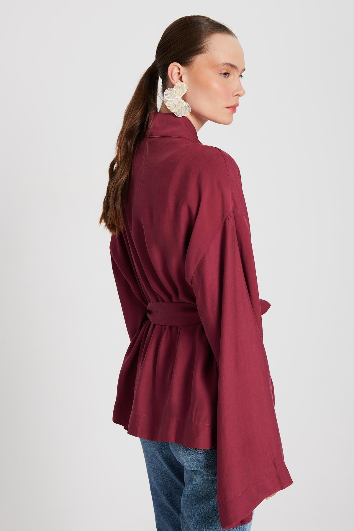 Kadın Bordo Oversize %100 Modal Bağlamalı Kimono Ceket 29146
