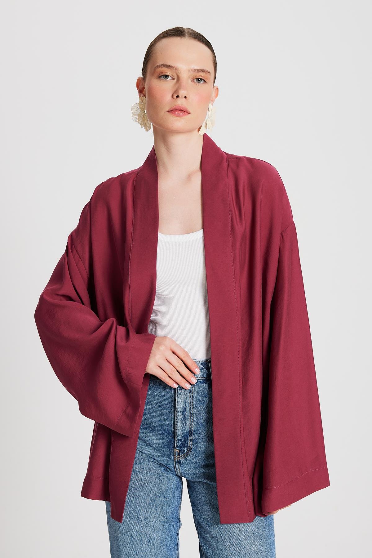 Kadın Bordo Oversize %100 Modal Bağlamalı Kimono Ceket 29146