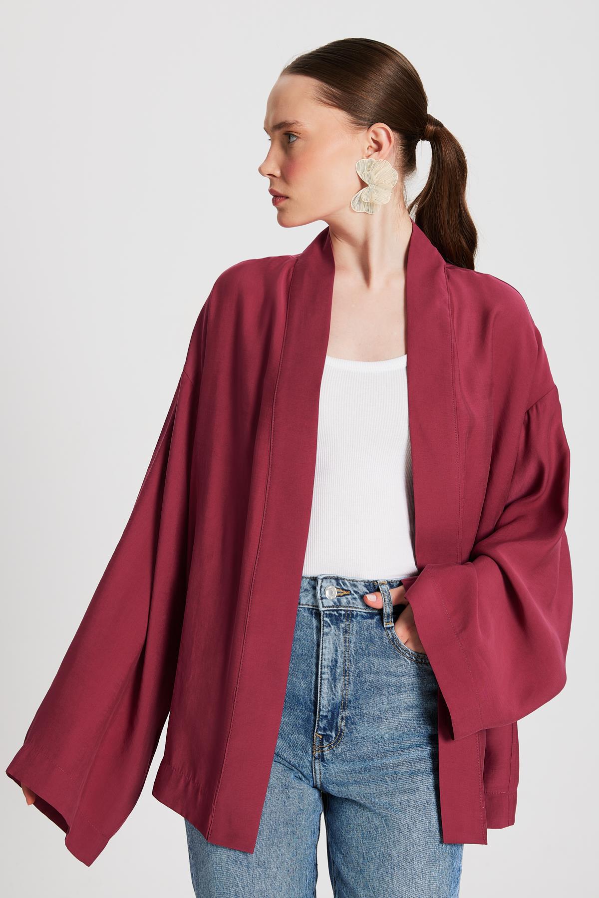 Kadın Bordo Oversize %100 Modal Bağlamalı Kimono Ceket 29146