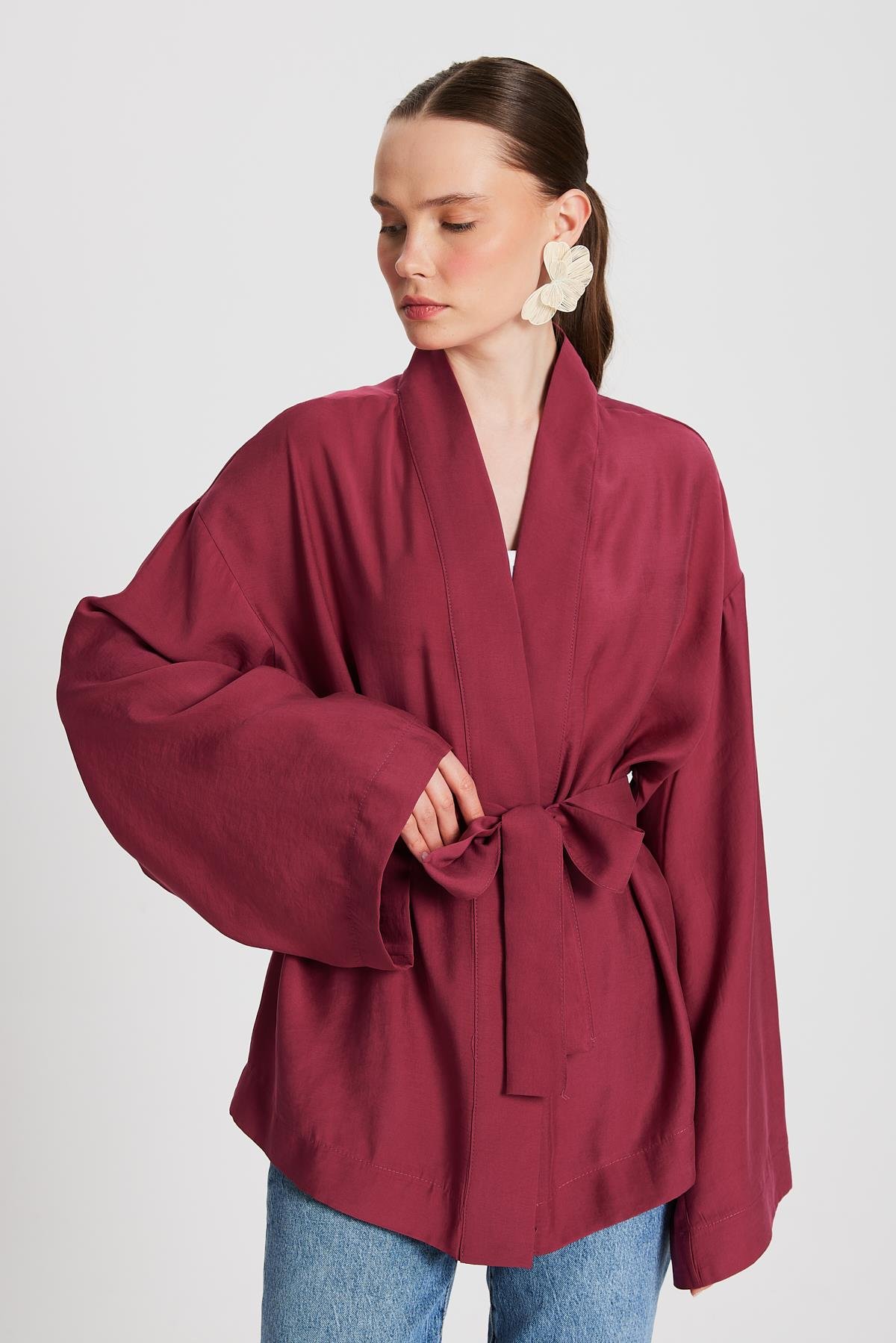 Kadın Bordo Oversize %100 Modal Bağlamalı Kimono Ceket 29146