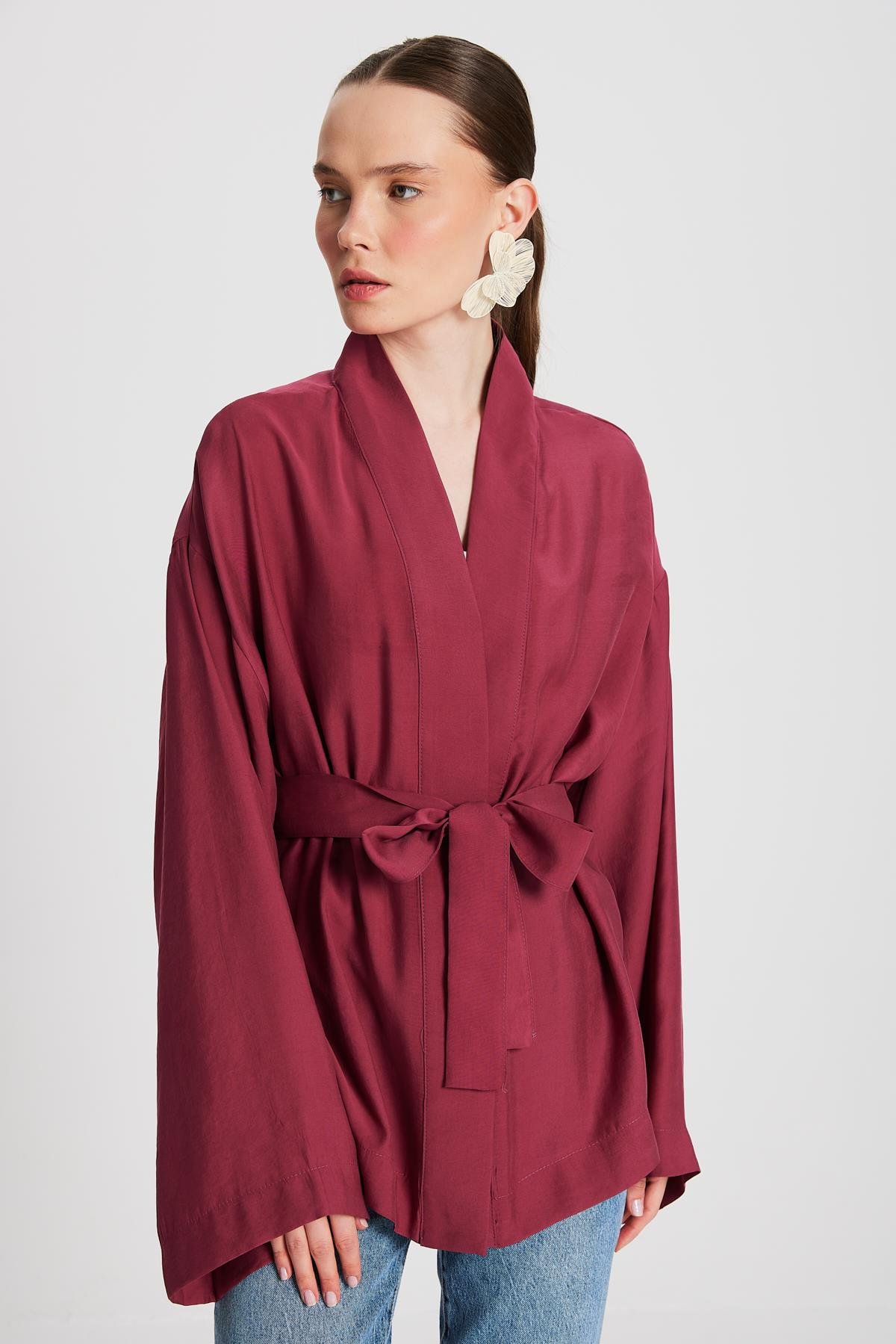 Kadın Bordo Oversize %100 Modal Bağlamalı Kimono Ceket 29146