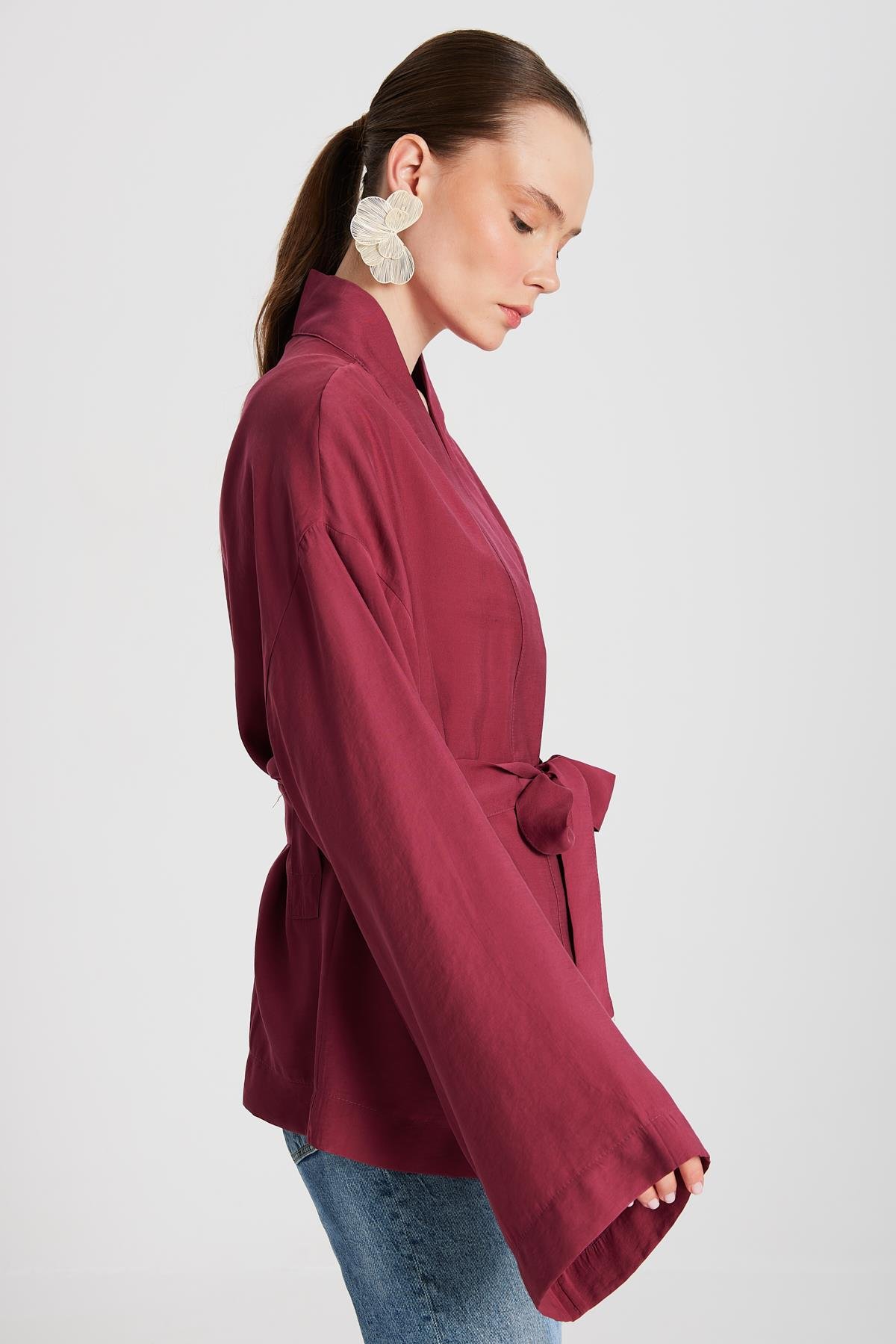 Kadın Bordo Oversize %100 Modal Bağlamalı Kimono Ceket 29146