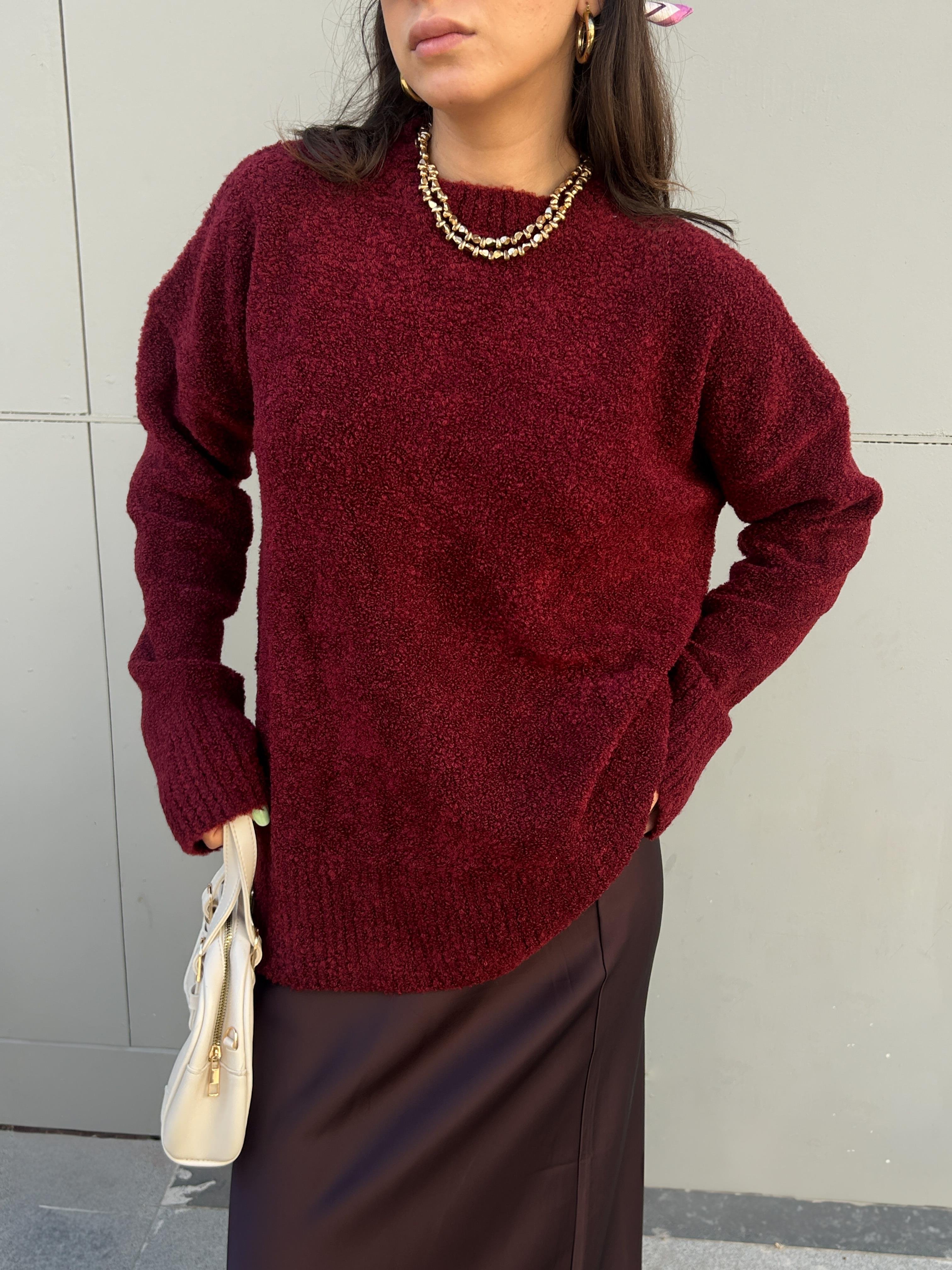 Kadın Bordo Oversize Buklet Triko Uzun Kazak 6222
