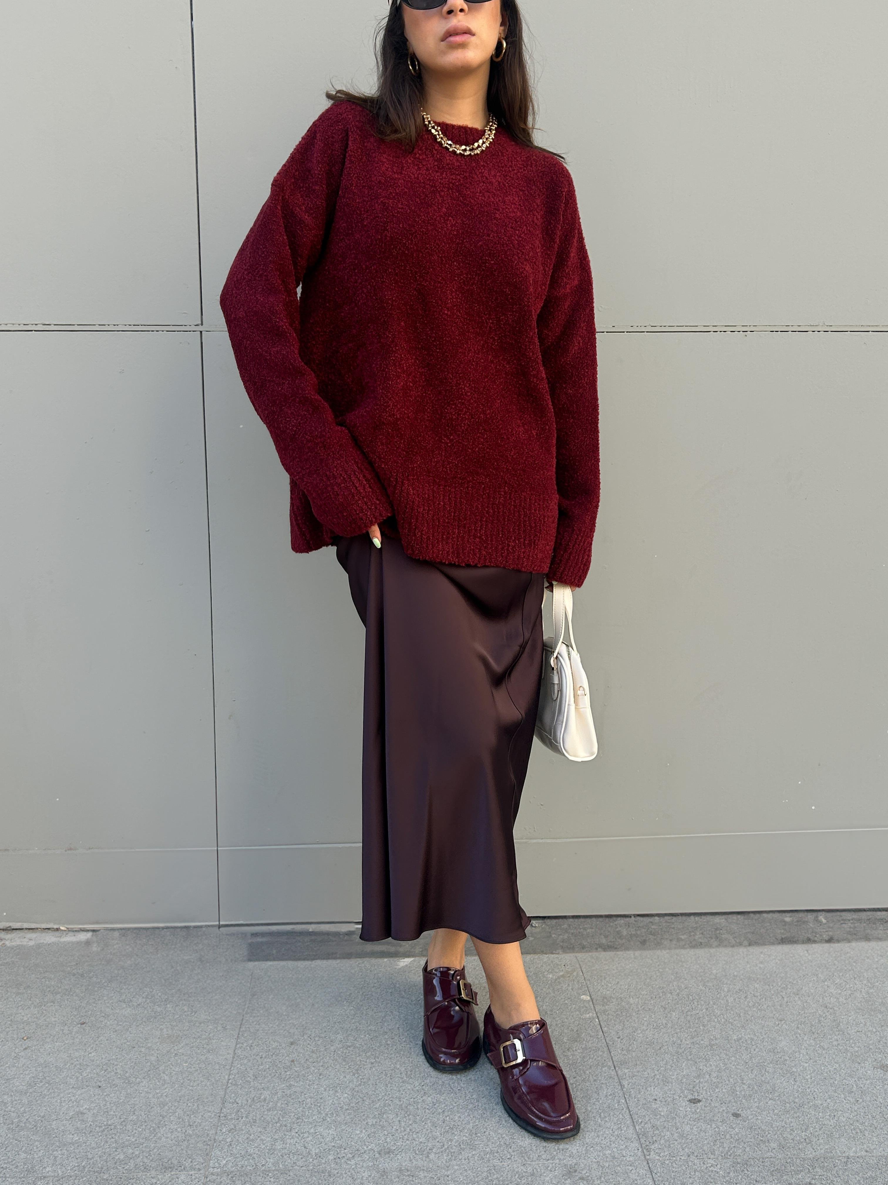 Kadın Bordo Oversize Buklet Triko Uzun Kazak 6222