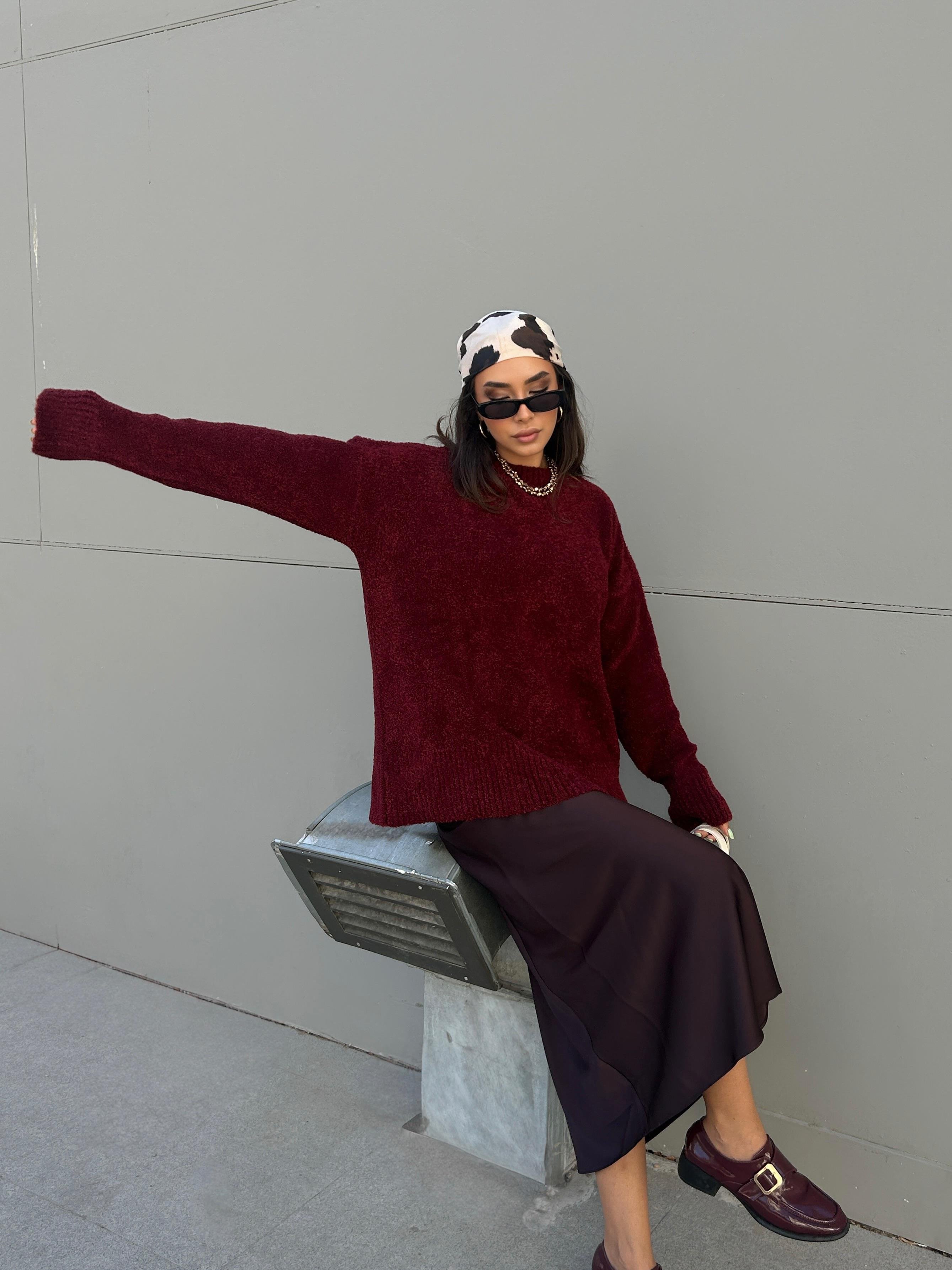 Kadın Bordo Oversize Buklet Triko Uzun Kazak 6222