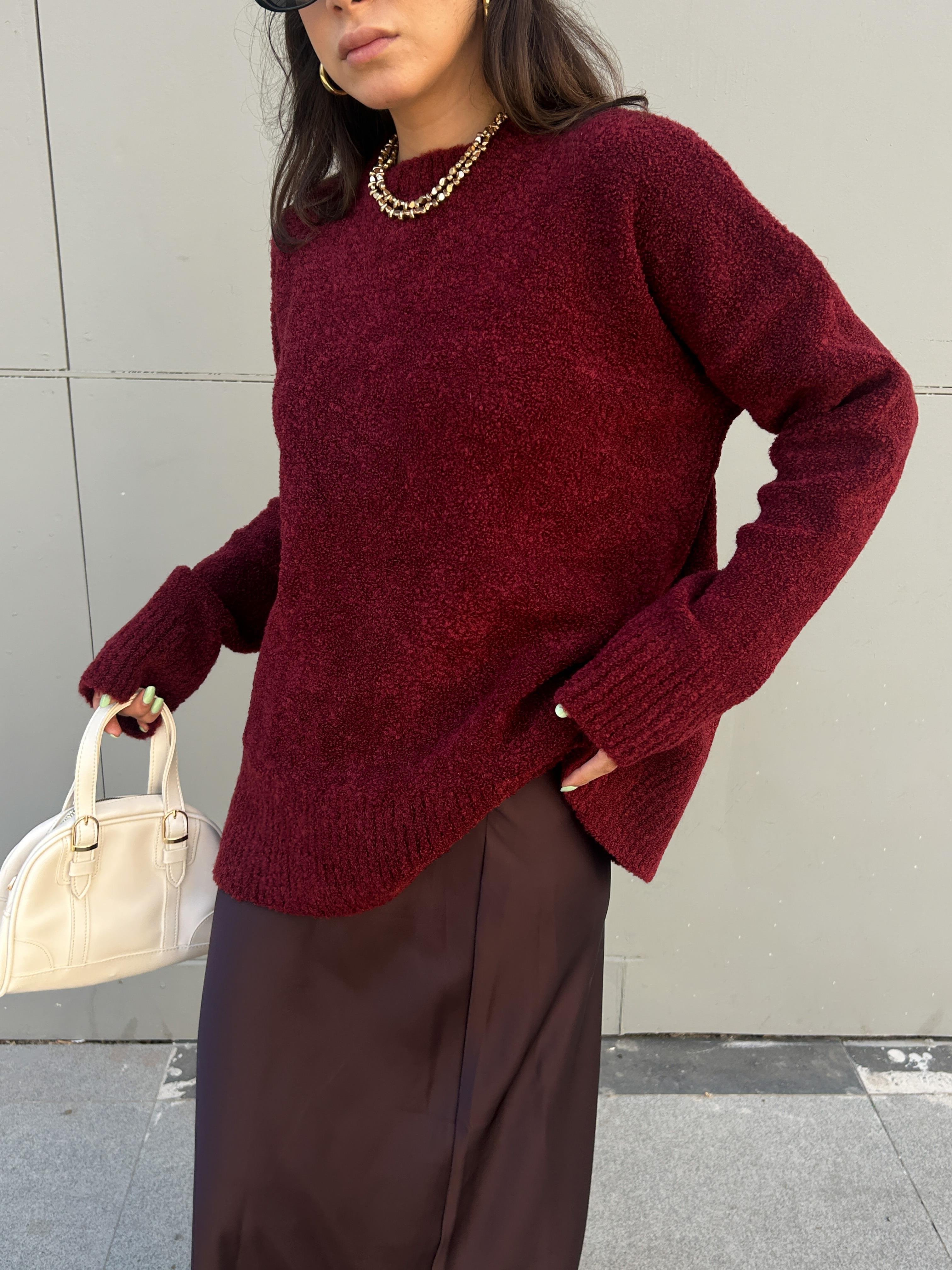 Kadın Bordo Oversize Buklet Triko Uzun Kazak 6222