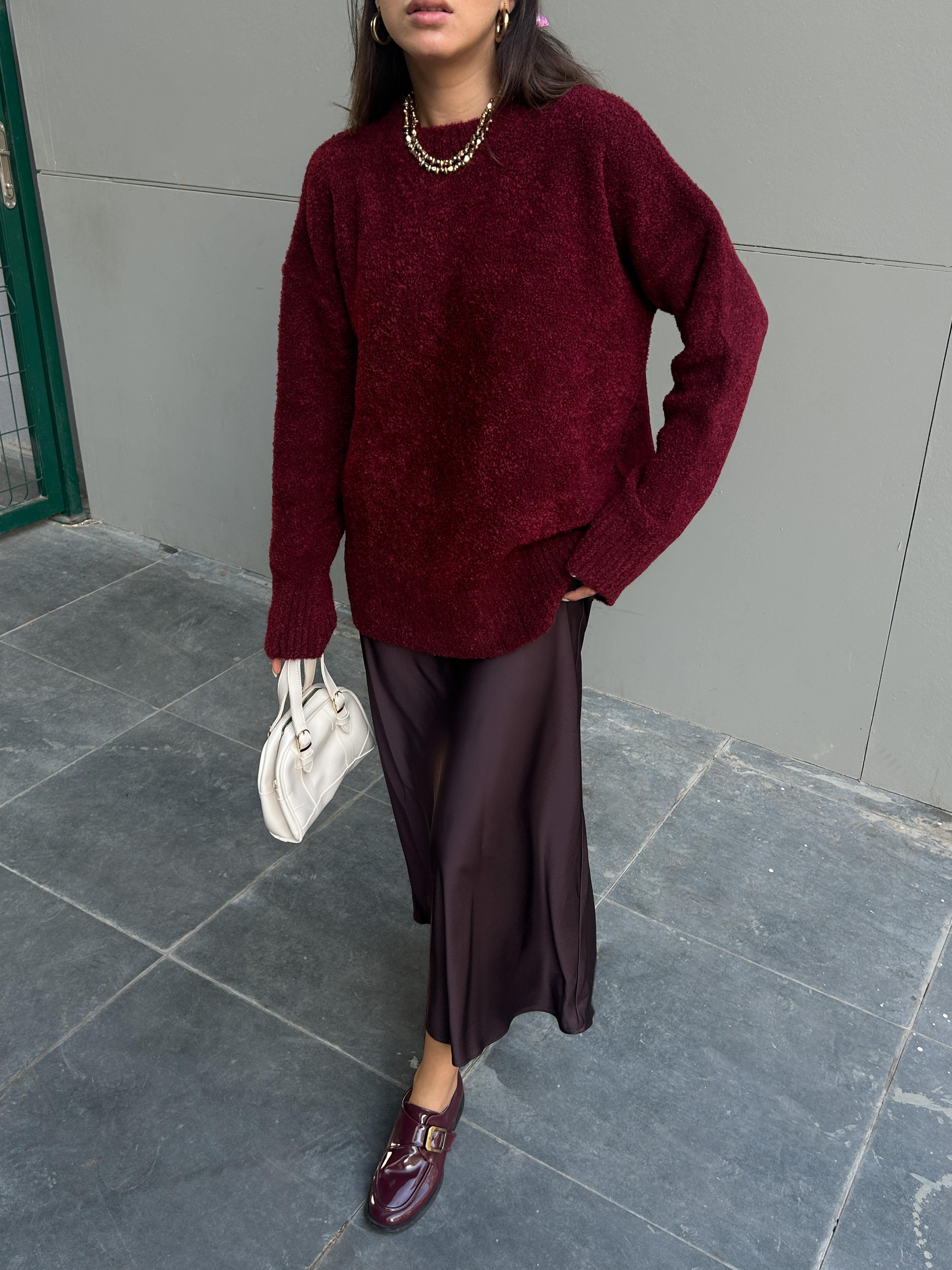 Kadın Bordo Oversize Buklet Triko Uzun Kazak 6222