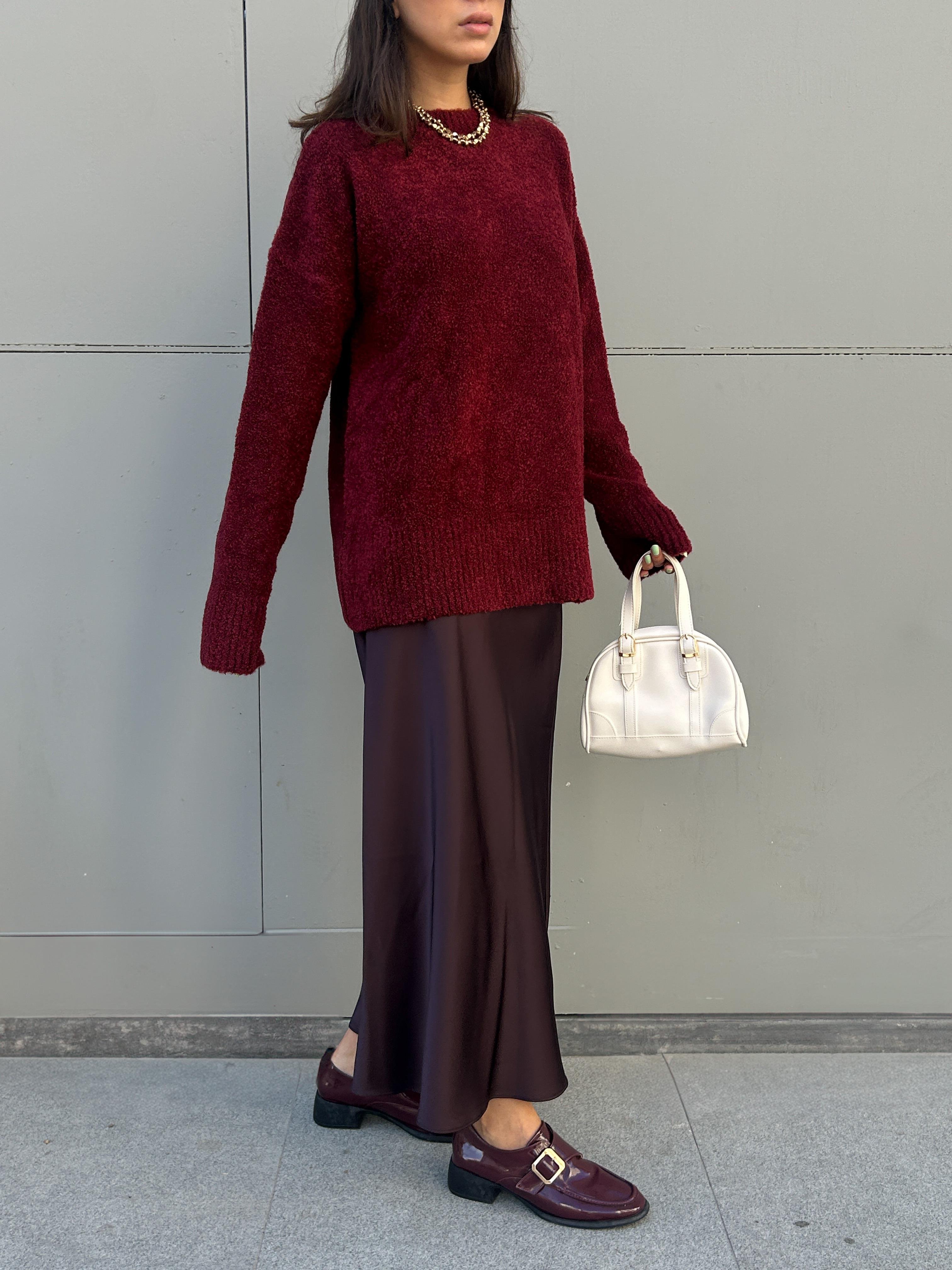 Kadın Bordo Oversize Buklet Triko Uzun Kazak 6222