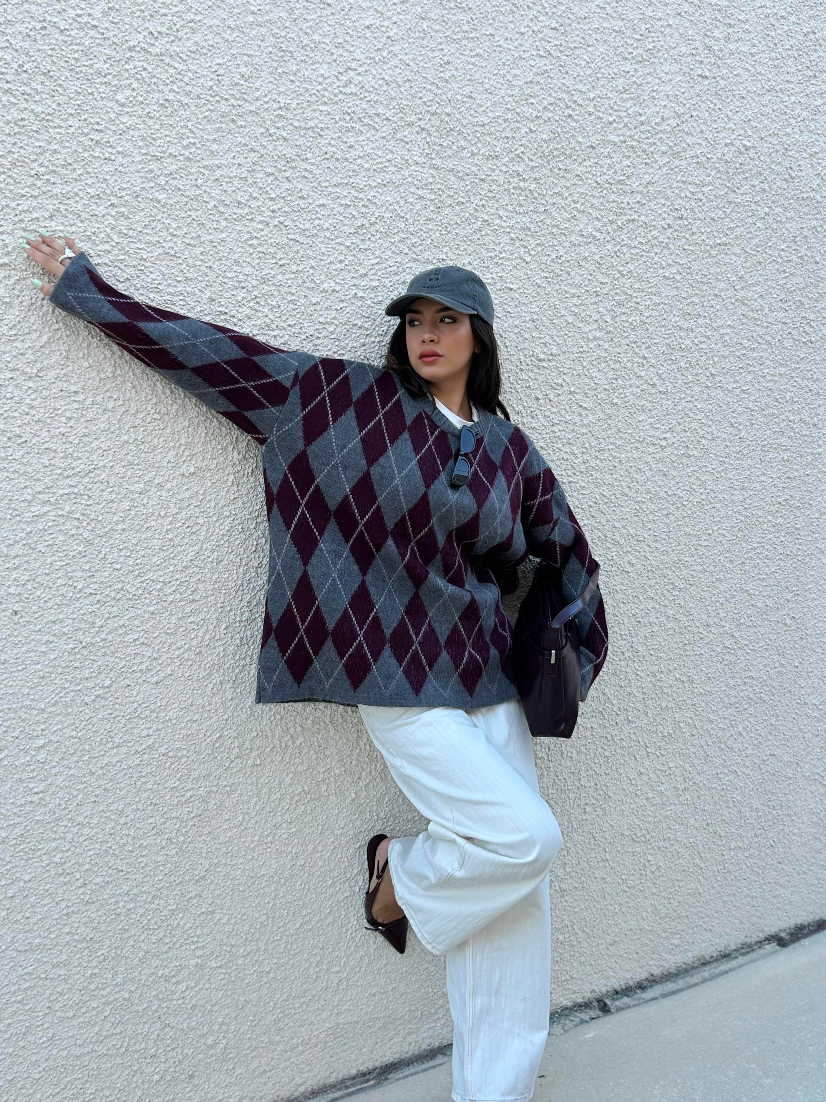 Kadın Bordo Oversize Şardonlu Ekoseli Yumoş Kazak 5581