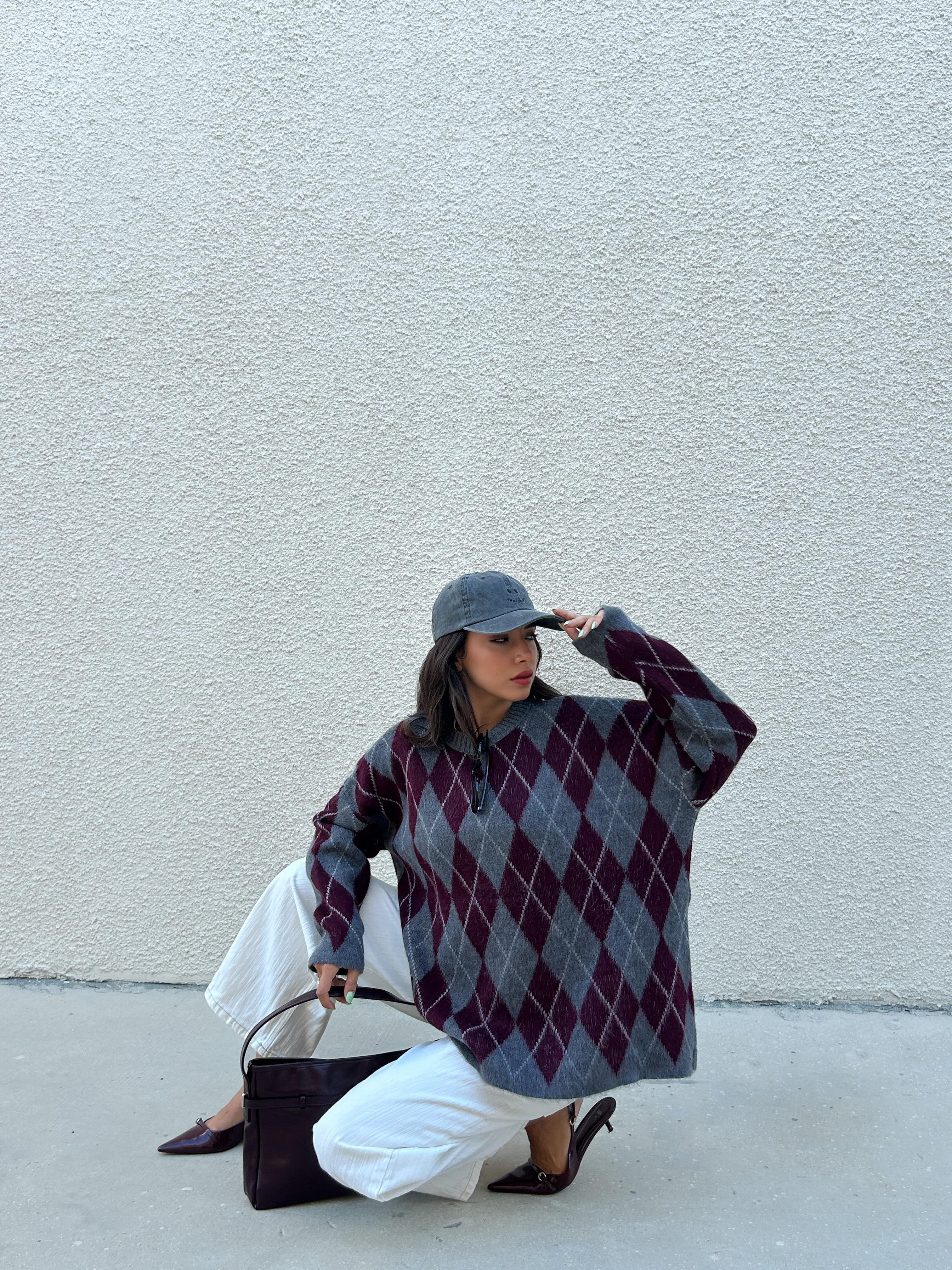 Kadın Bordo Oversize Şardonlu Ekoseli Yumoş Kazak 5581