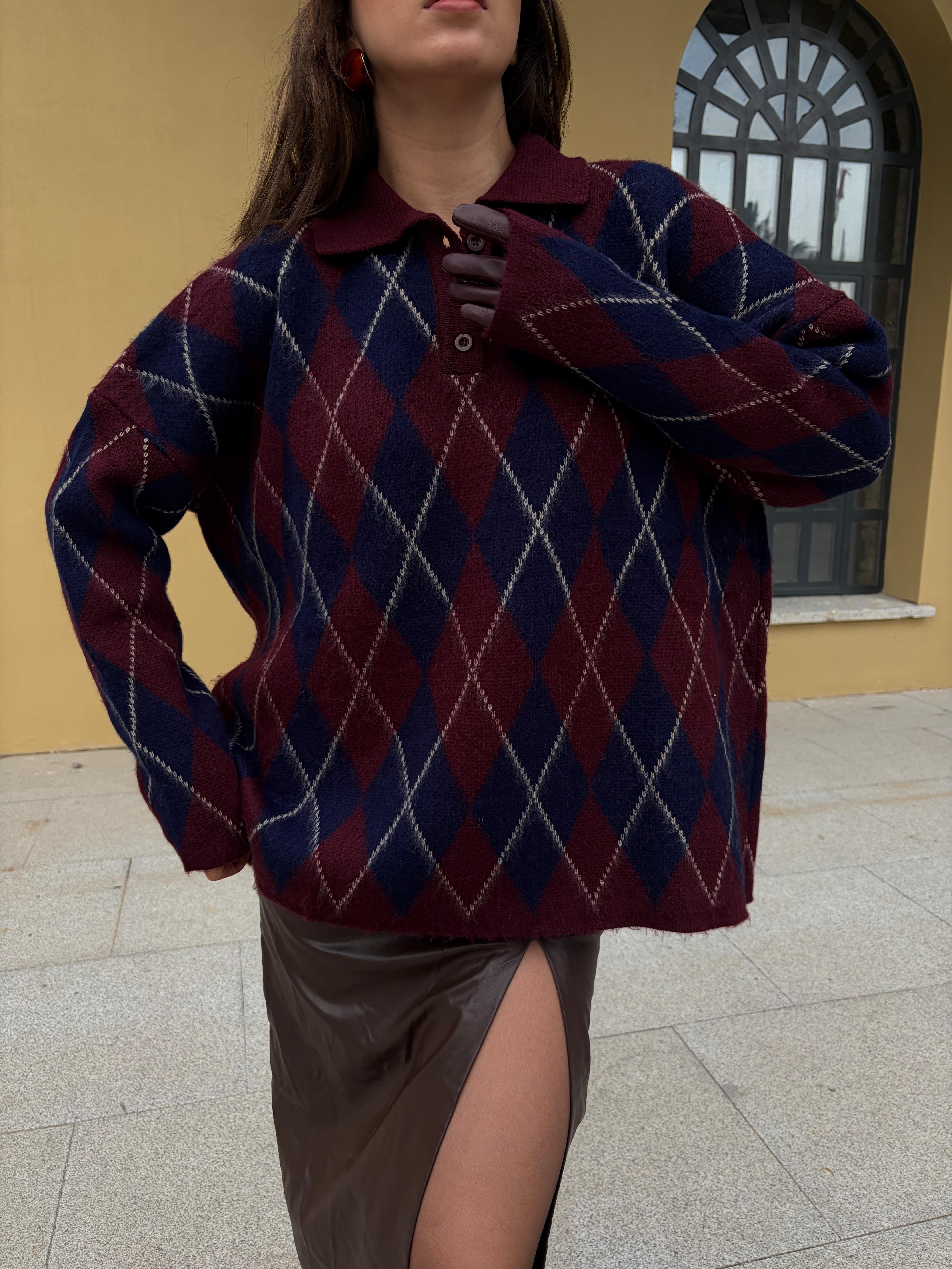 Kadın Bordo Oversize Şardonlu Ekoseli Polo Yaka Kazak 5593